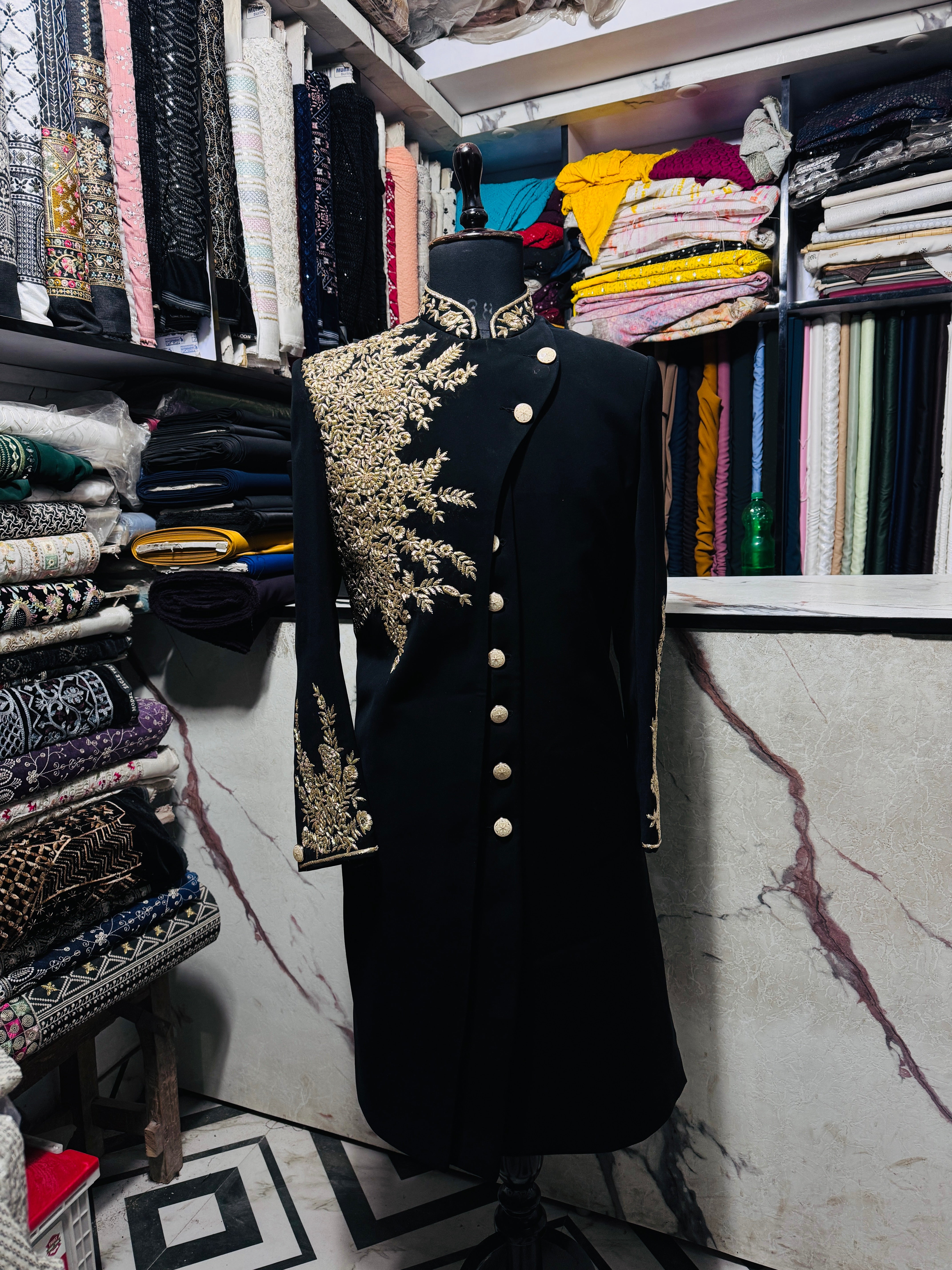 Black sherwani with golden zardozi embroidery on shoulder and sleeves – KPH Outfits