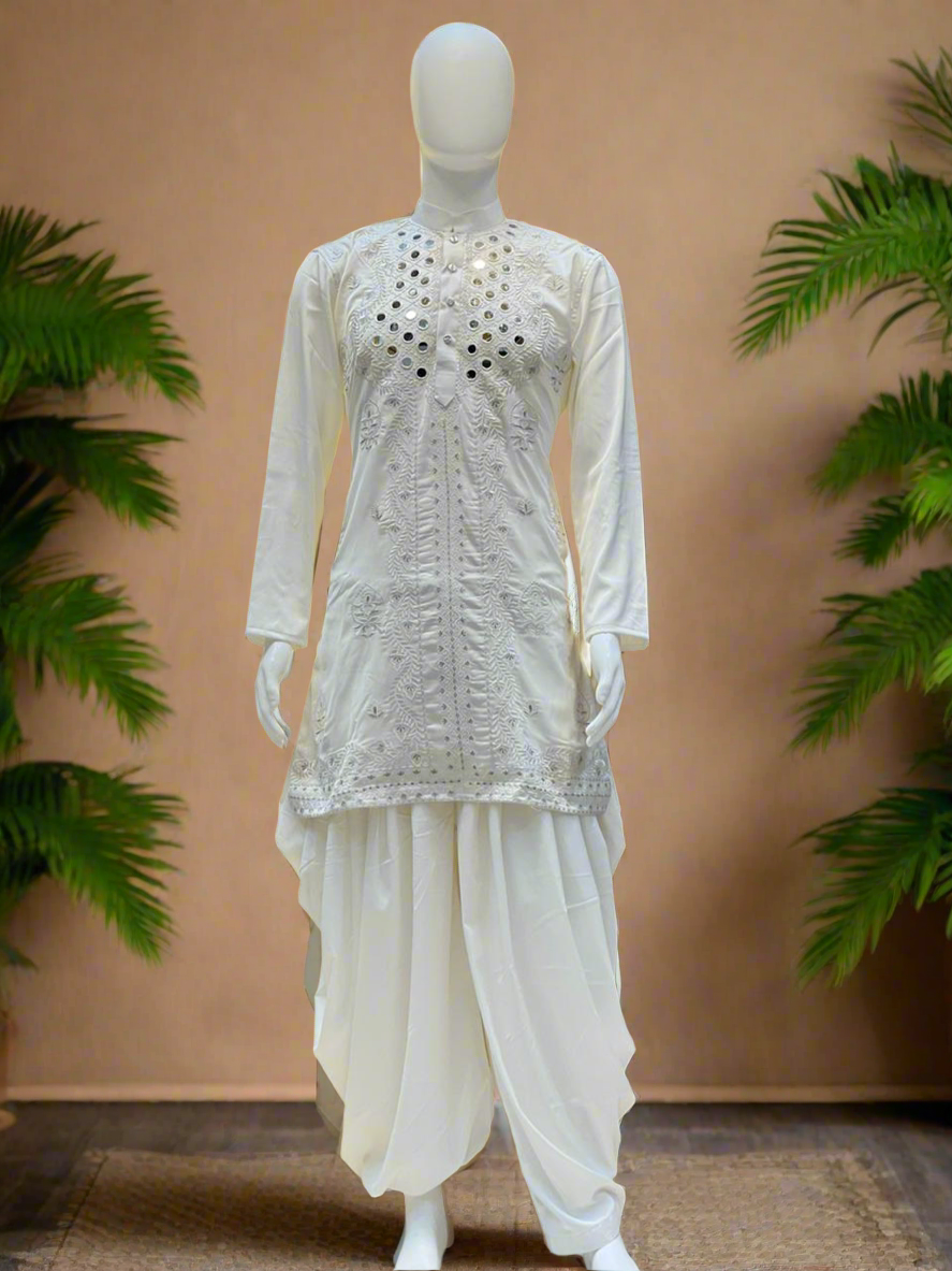 "Men’s white mirror embroidered kurta set by KPH Outfits"
