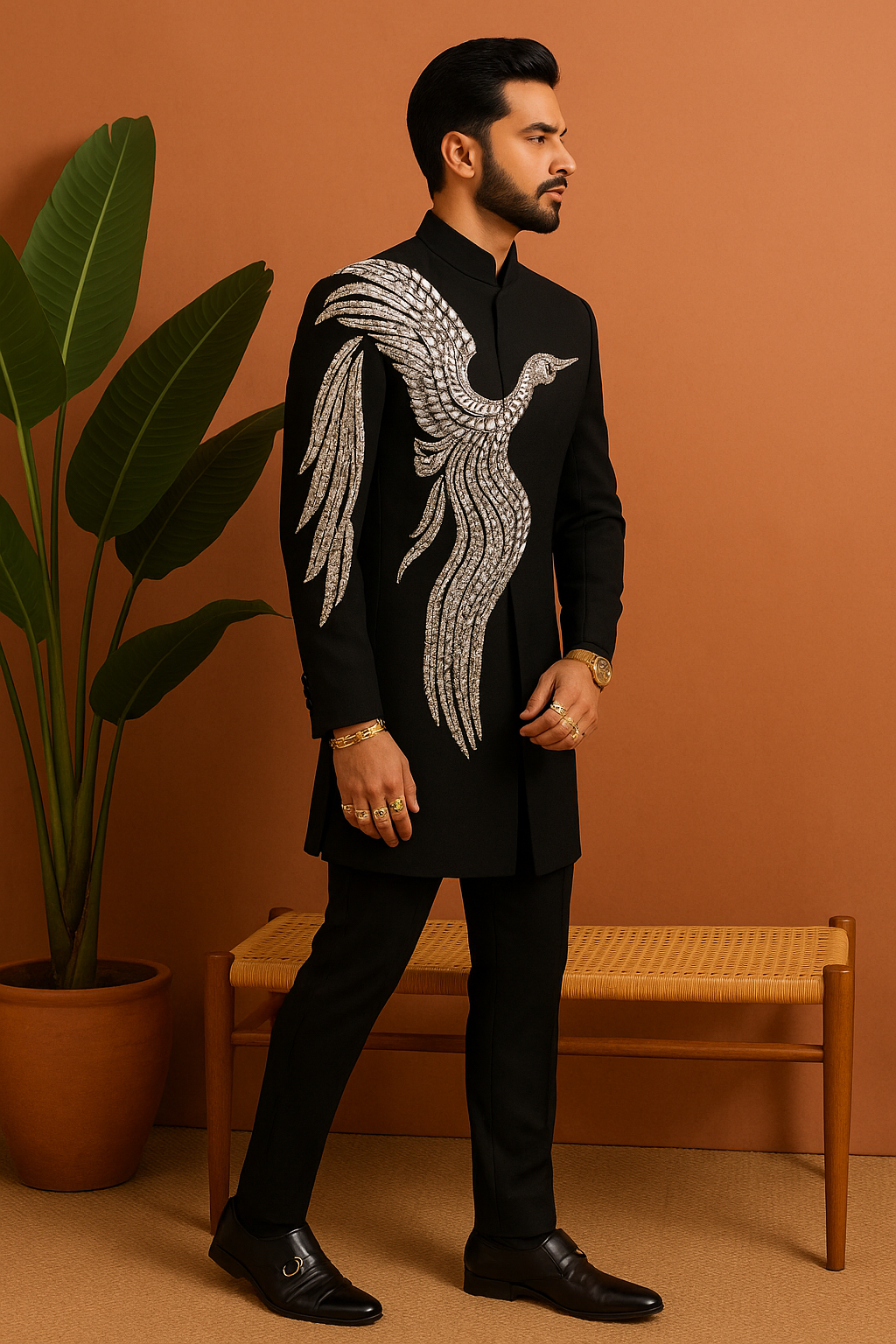 A photograph of a man in a stylish Indo-western set, highlighting the quality of the fabric and the unique design.

