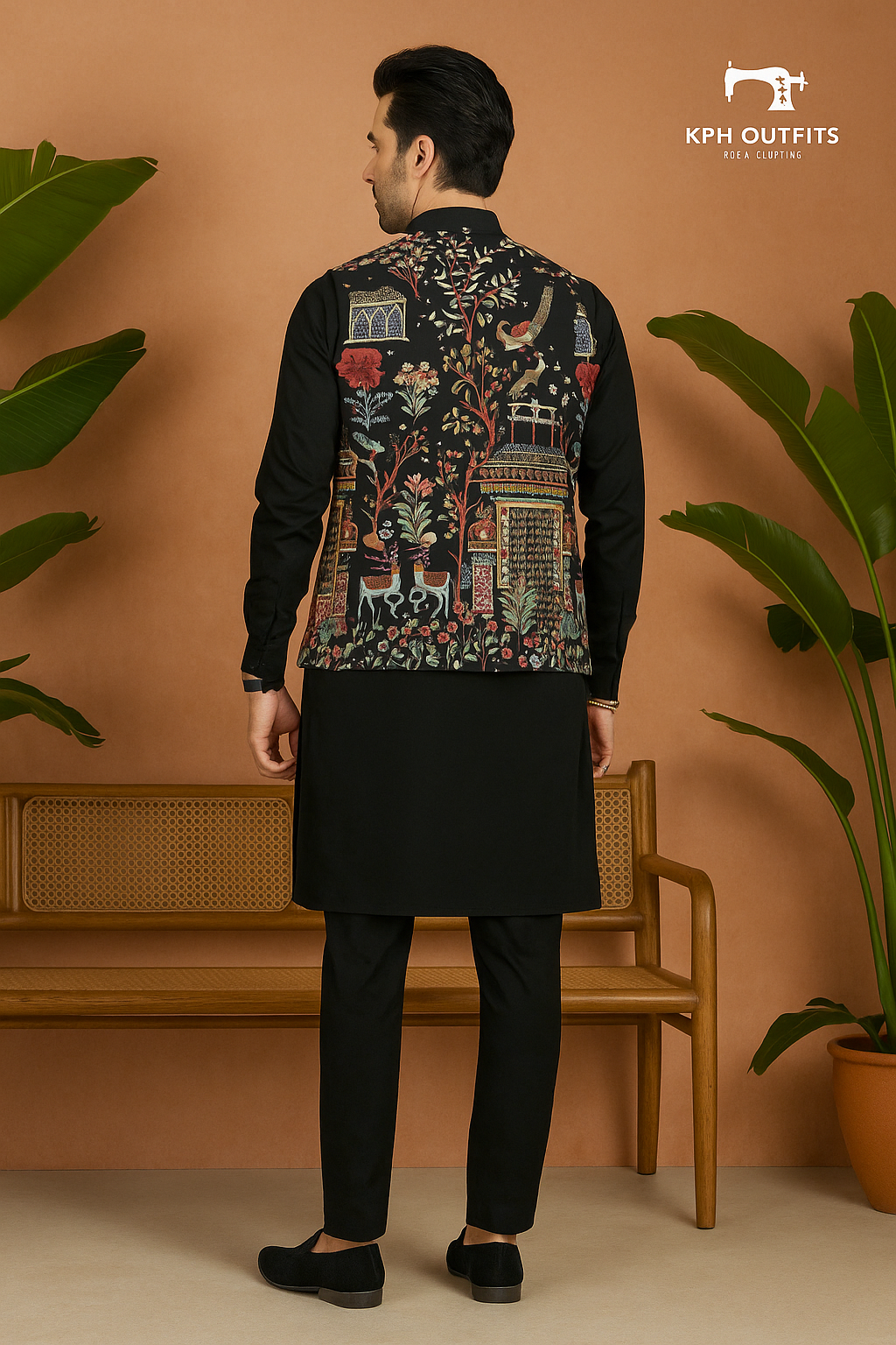 Men's Black and White Multi-Colour Thread Embroidery Nehru Jacket Set - KPH Outfits