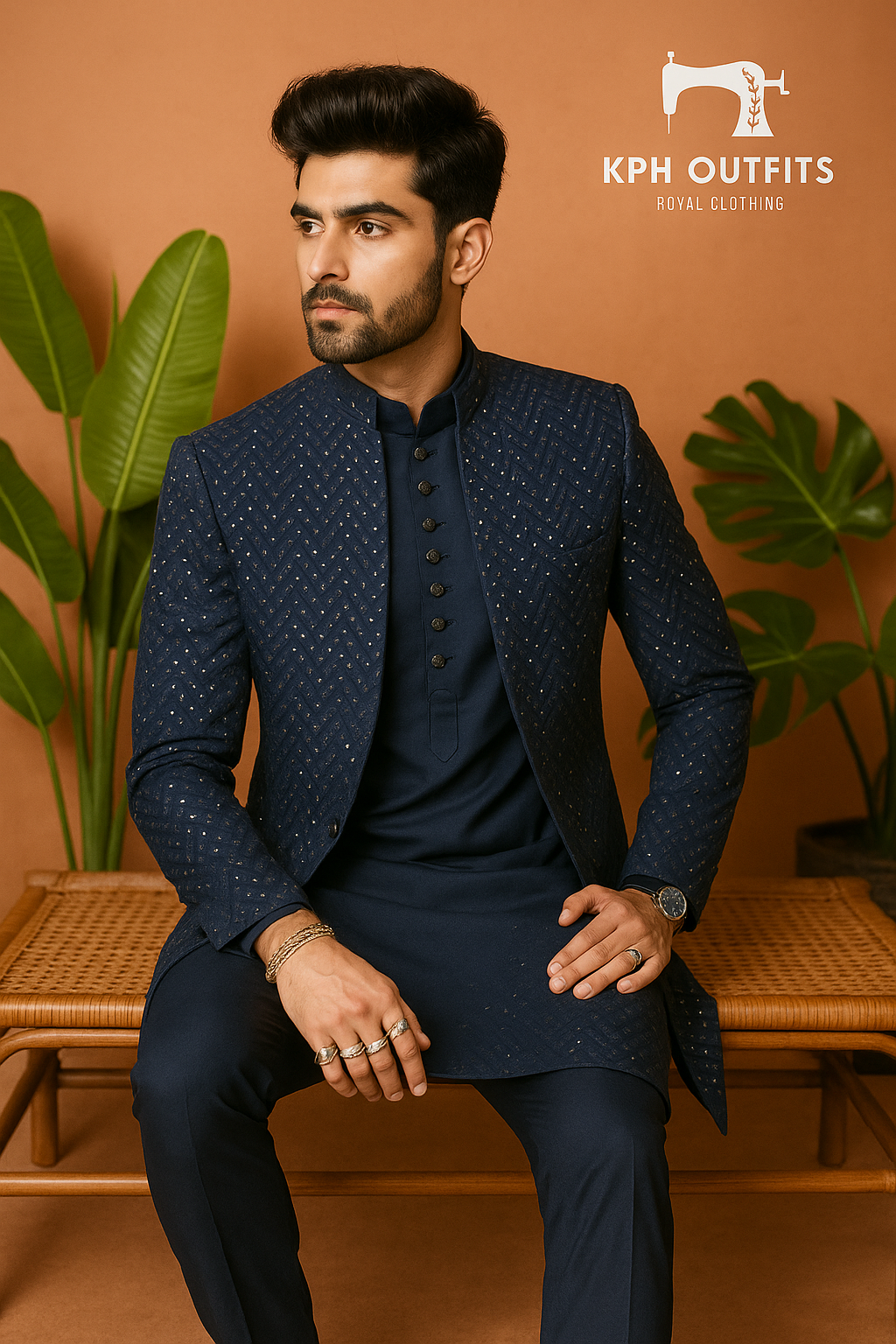 Navy Blue Mirror Style Indo-Western Set for Men – KPH Outfits
