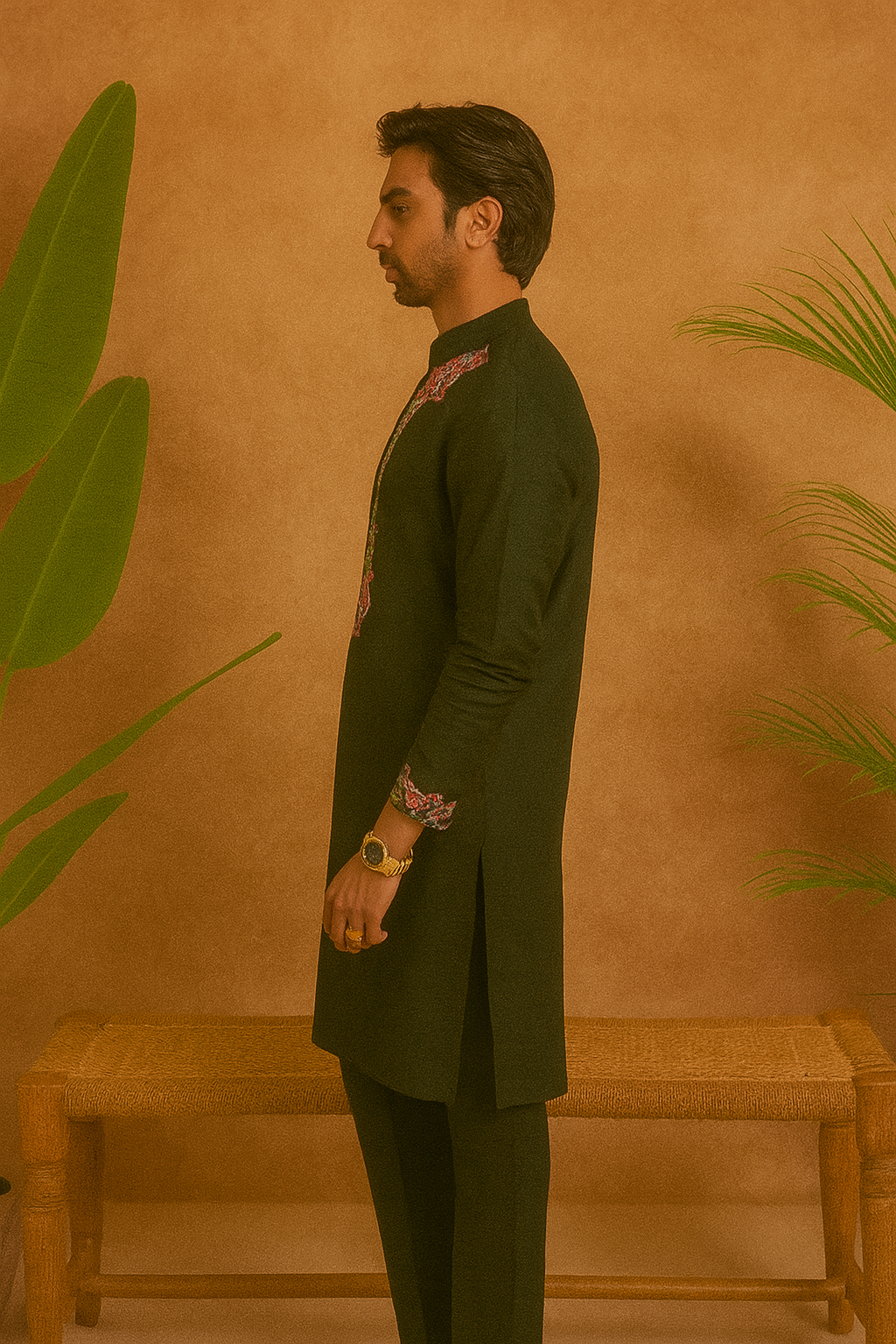 Custom-made cotton-silk kurta pajama with neck embellishment – KPH Outfits