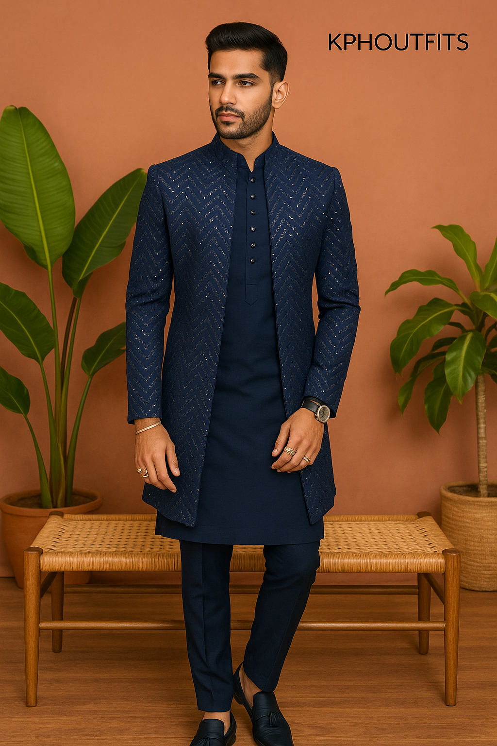 Navy Blue Mirror Style Indo-Western Set for Men – KPH Outfits
