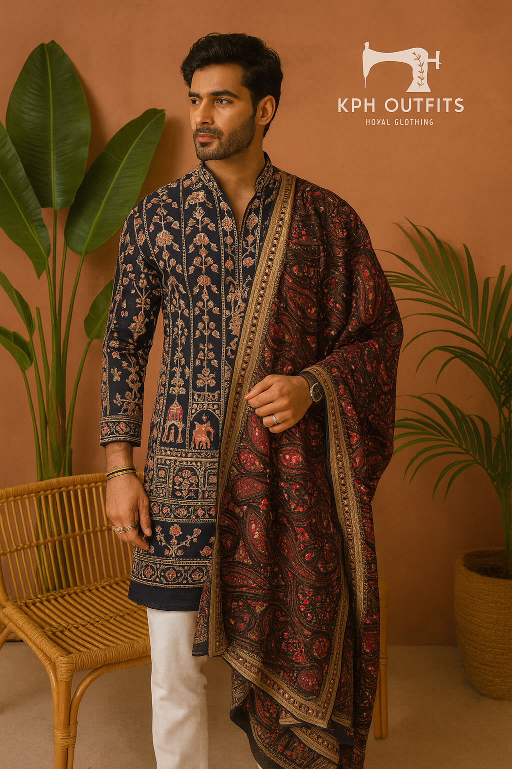 A photograph of a man in a stylish kurta, highlighting the quality of the fabric and the unique design.


