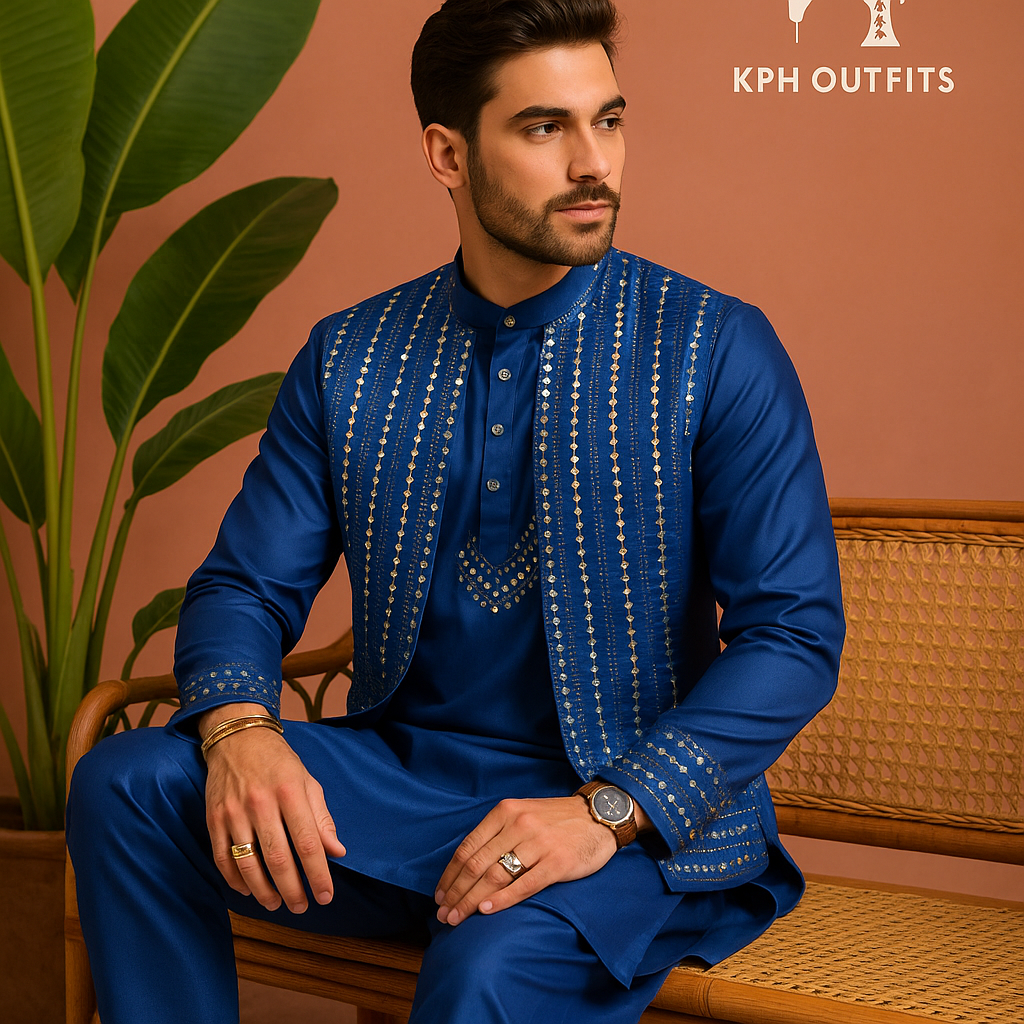 Men's Navy Blue Abhinav Mishra Inspired Real Mirror Waistcoat Set - Exclusive Elegance by KPH Outfits