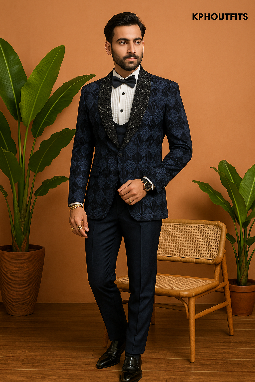 Elegant Men's Blue Handcrafted Shawl Lapel Tuxedo - KPH Outfits