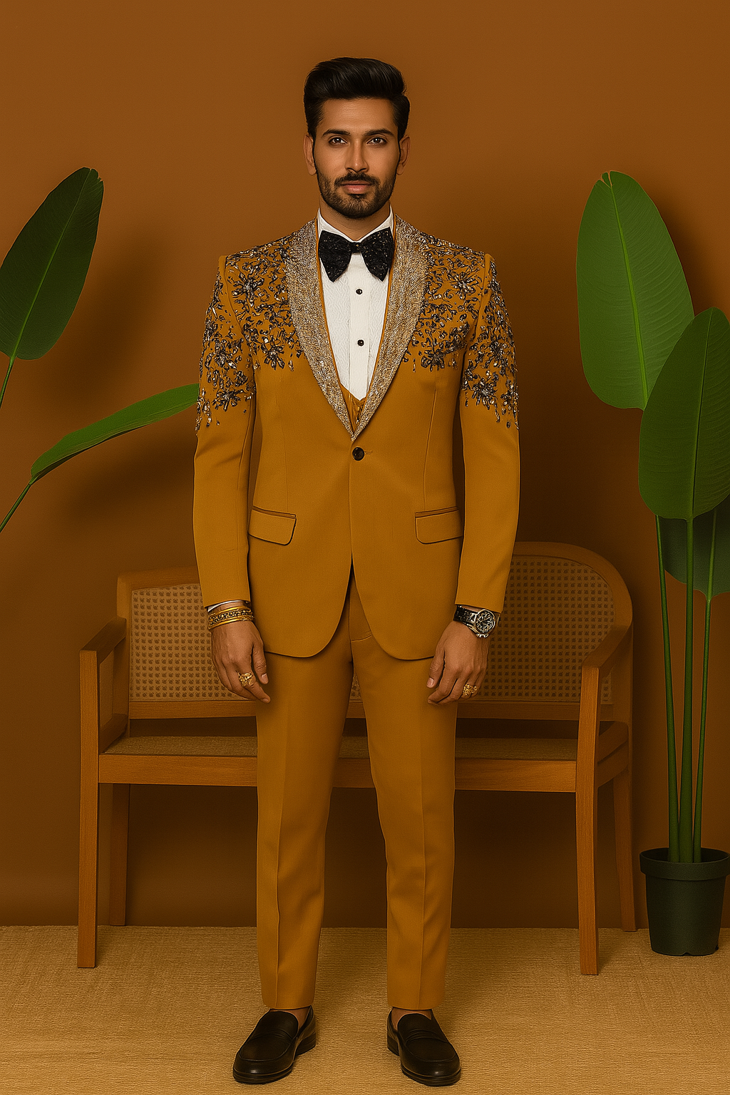 A front view of a man in a mustard-colored tuxedo suit with sparkling crystal embellishments on the blazer.


