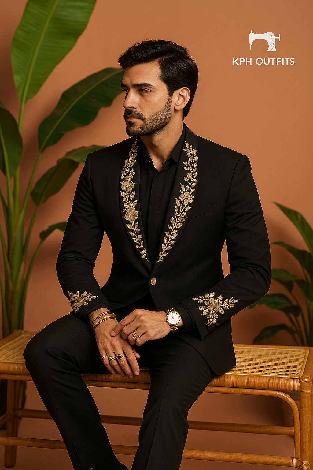 Men's Black Handcrafted Zardozi Work Shawl Lapel Tuxedo Suit by KPH Outfits