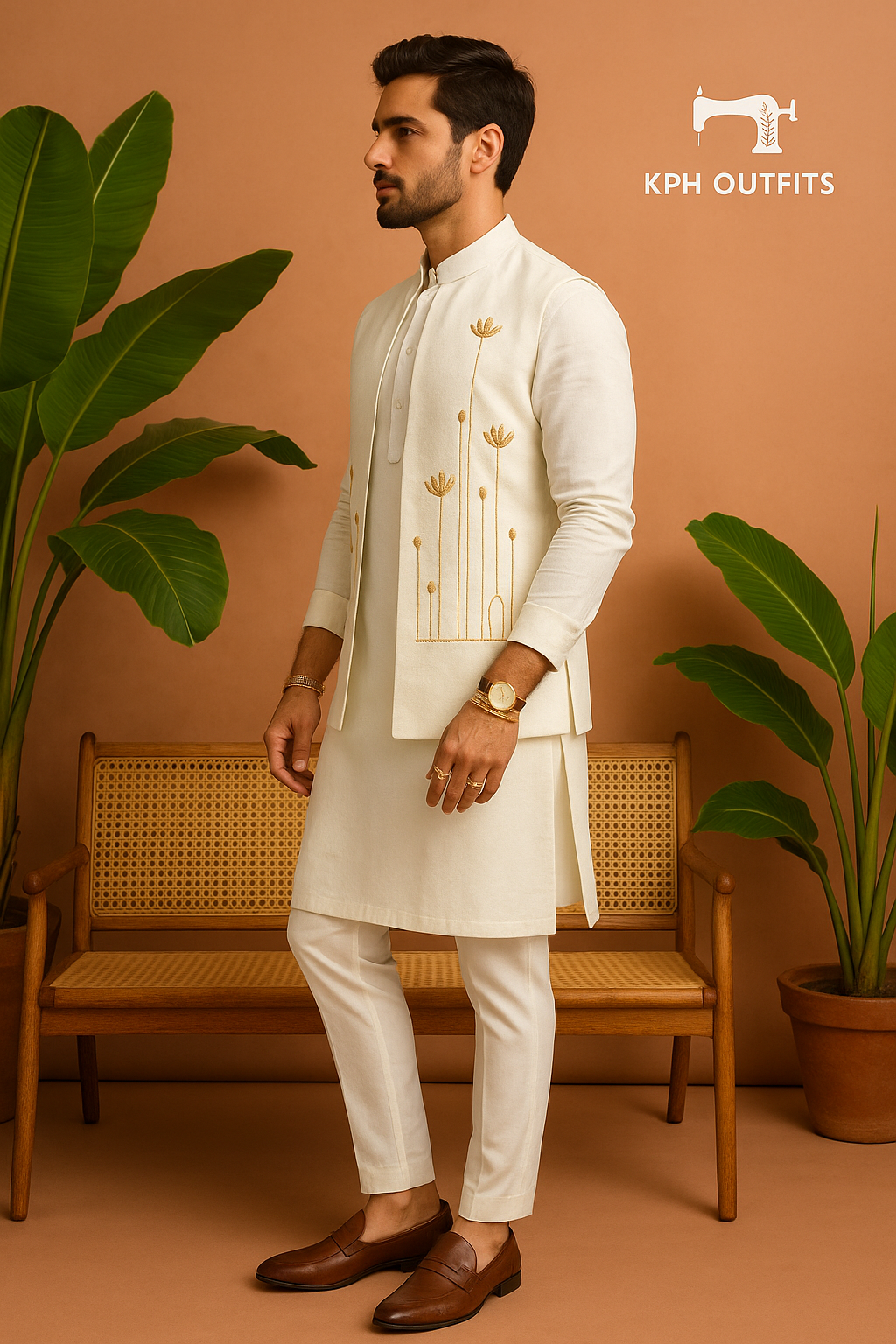 Men's Exclusive Ivory Handcrafted Open Waistcoat – Luxury Formal Wear by KPH Outfits