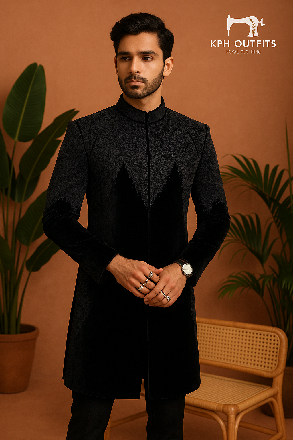 Back design of handcrafted black sherwani with beads