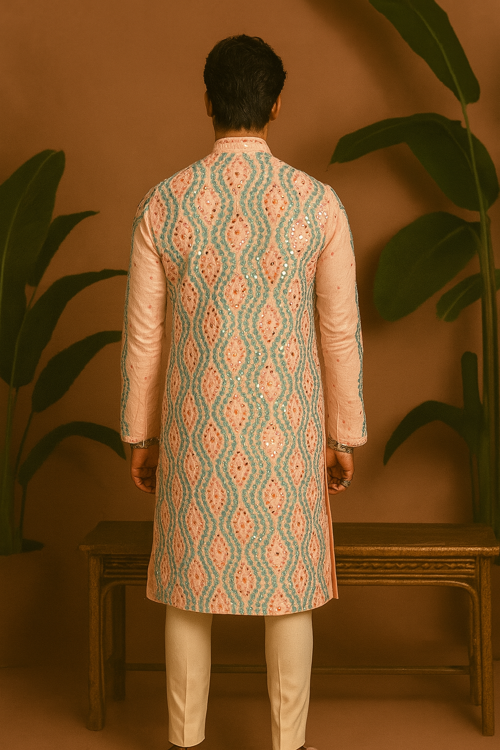 Back view of Abhinav Mishra inspired mirror work kurta set for men