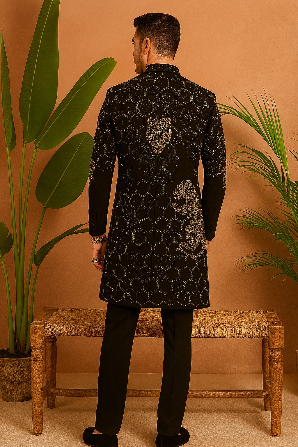 Back view of Black Handcrafted Sherwani Set with design highlights