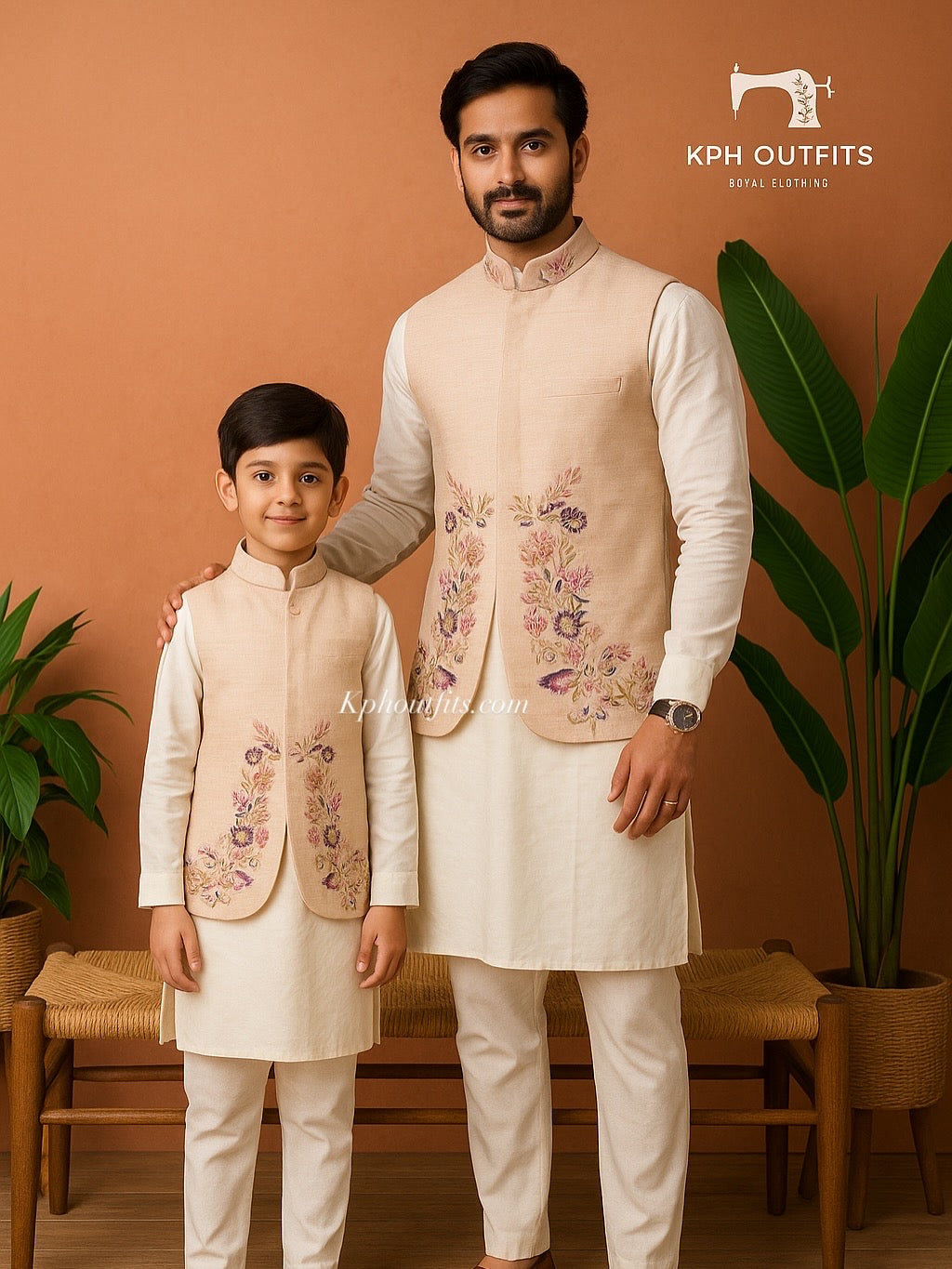 Back view of Father & Son Embellished Waistcoat Set in Silk