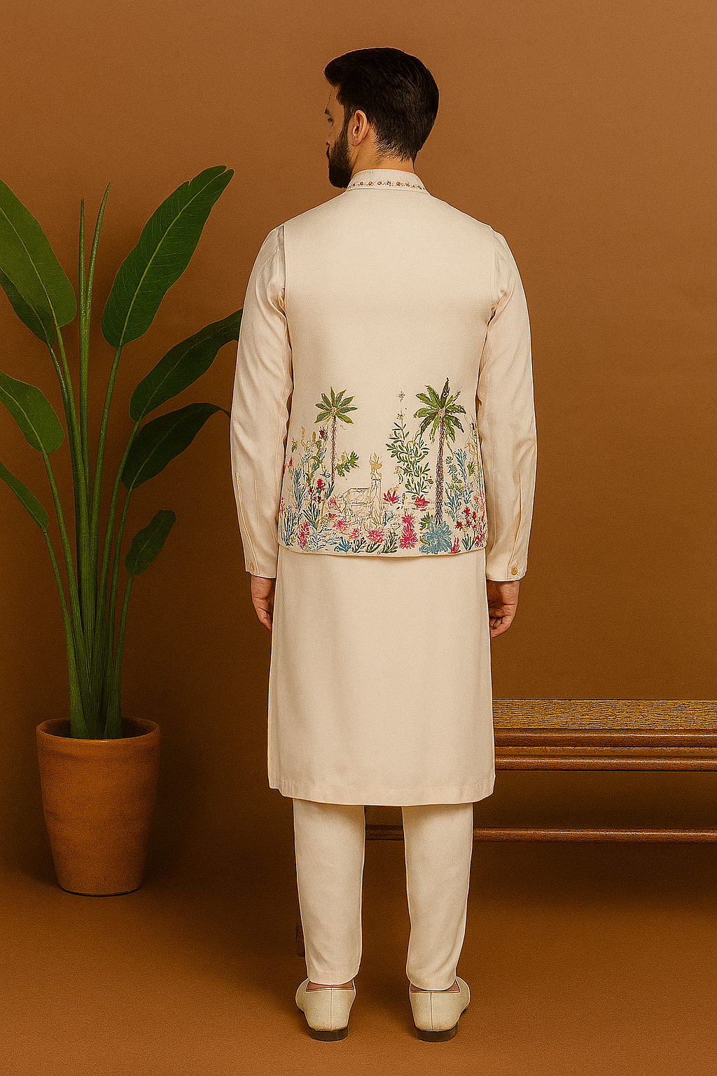 “Back view of Ivory Silk Multi Colour Embellished Bundi Set showcasing detailed embroidery on silk bundi (koti)”