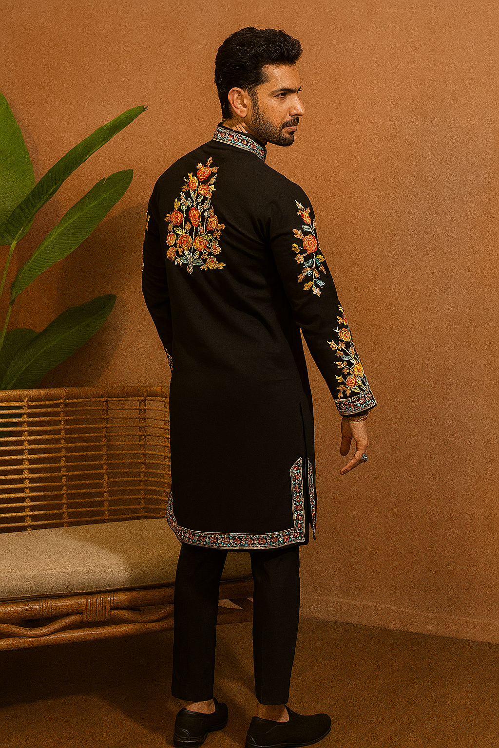 Back view of Japanese fabric floral embellished kurta set