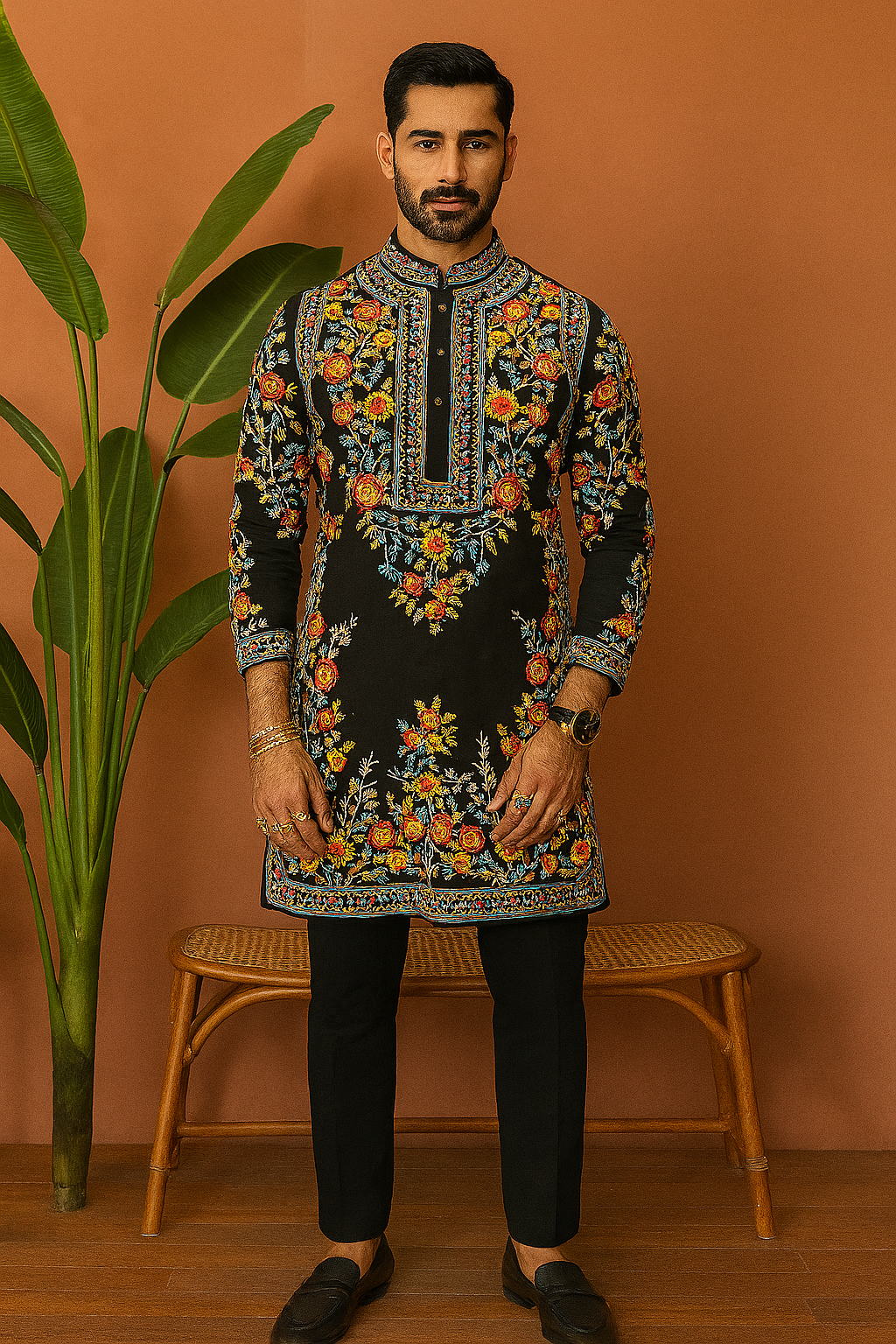 Back view of Japanese fabric floral embellished kurta set