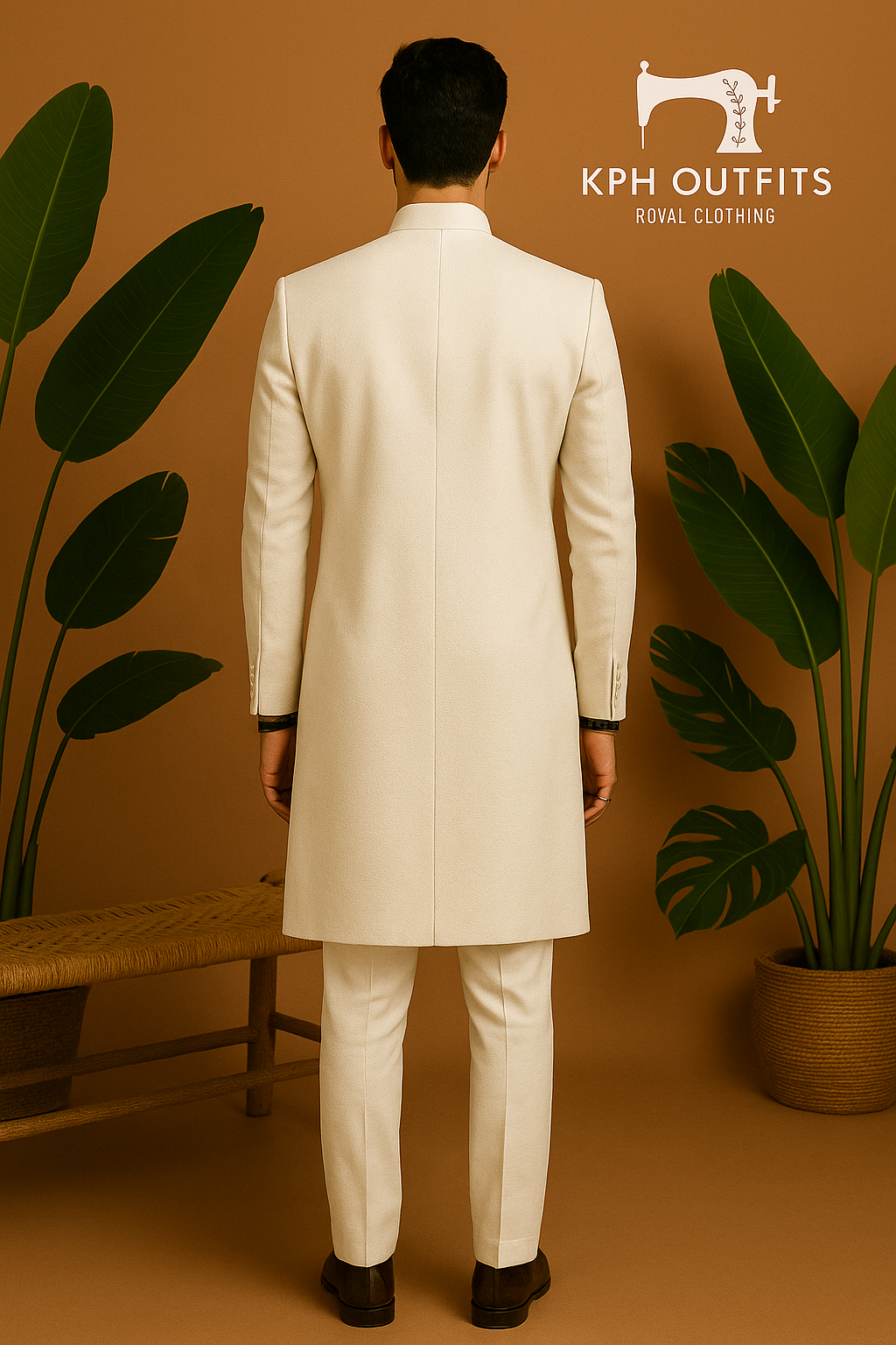 Back view of Japanese fabric white sherwani set