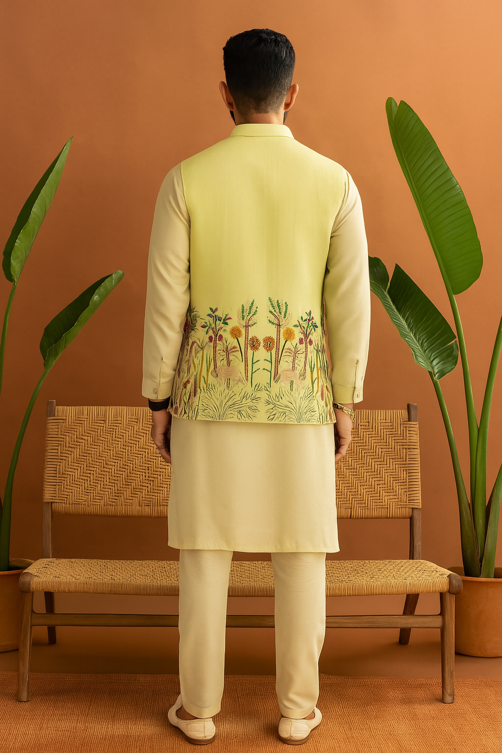 “Back view of Men’s Exclusive Designer Bundi Set displaying embroidered Bundi details”