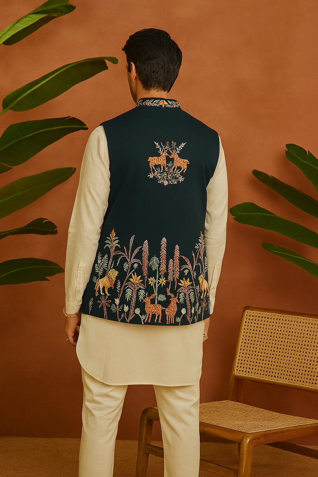 Back view of Men’s Exclusive Designer Navy Blue Bundi Set showcasing intricate detailing on silk bundi