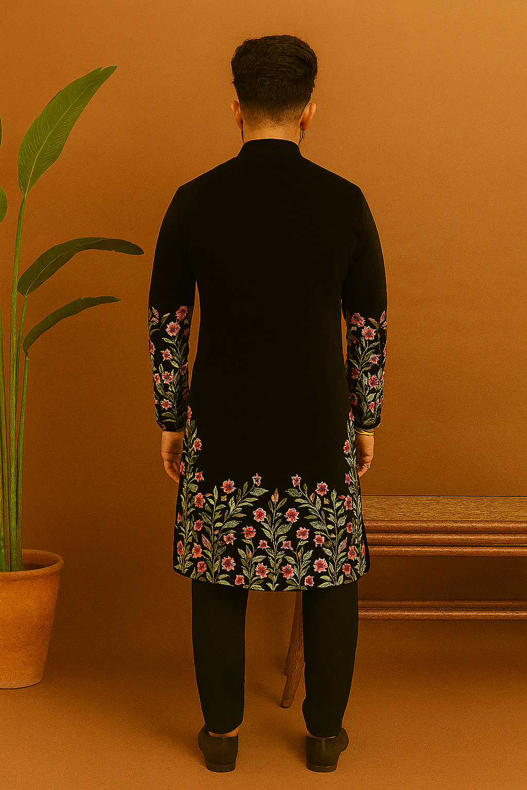 “Back view of Men’s Exclusive Multi-Colour Floral Embellished Indo-Western Set – handcrafted Indo jacket”