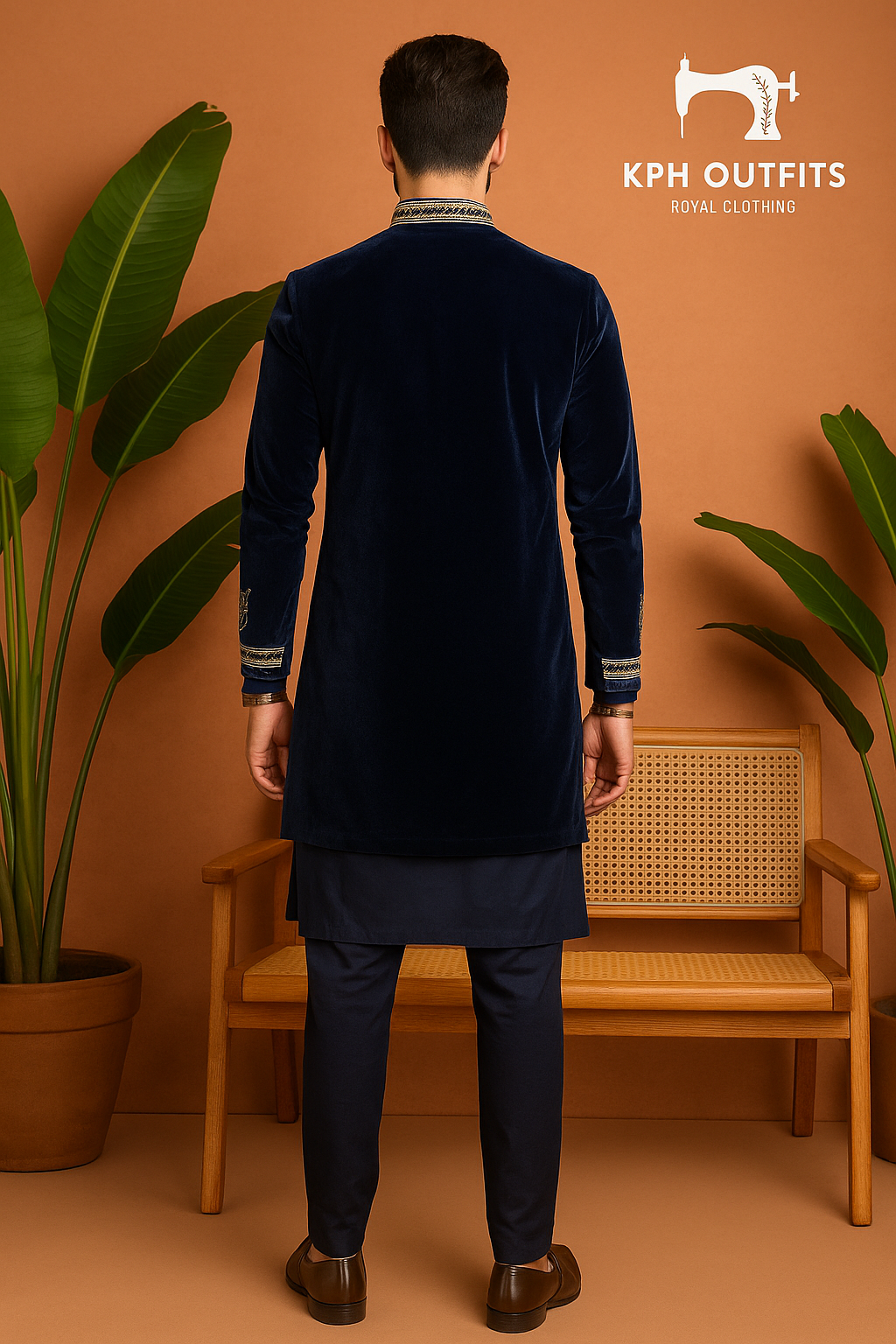 Back view of Navy Blue Jodhpuri Set with elegant gold embroidery