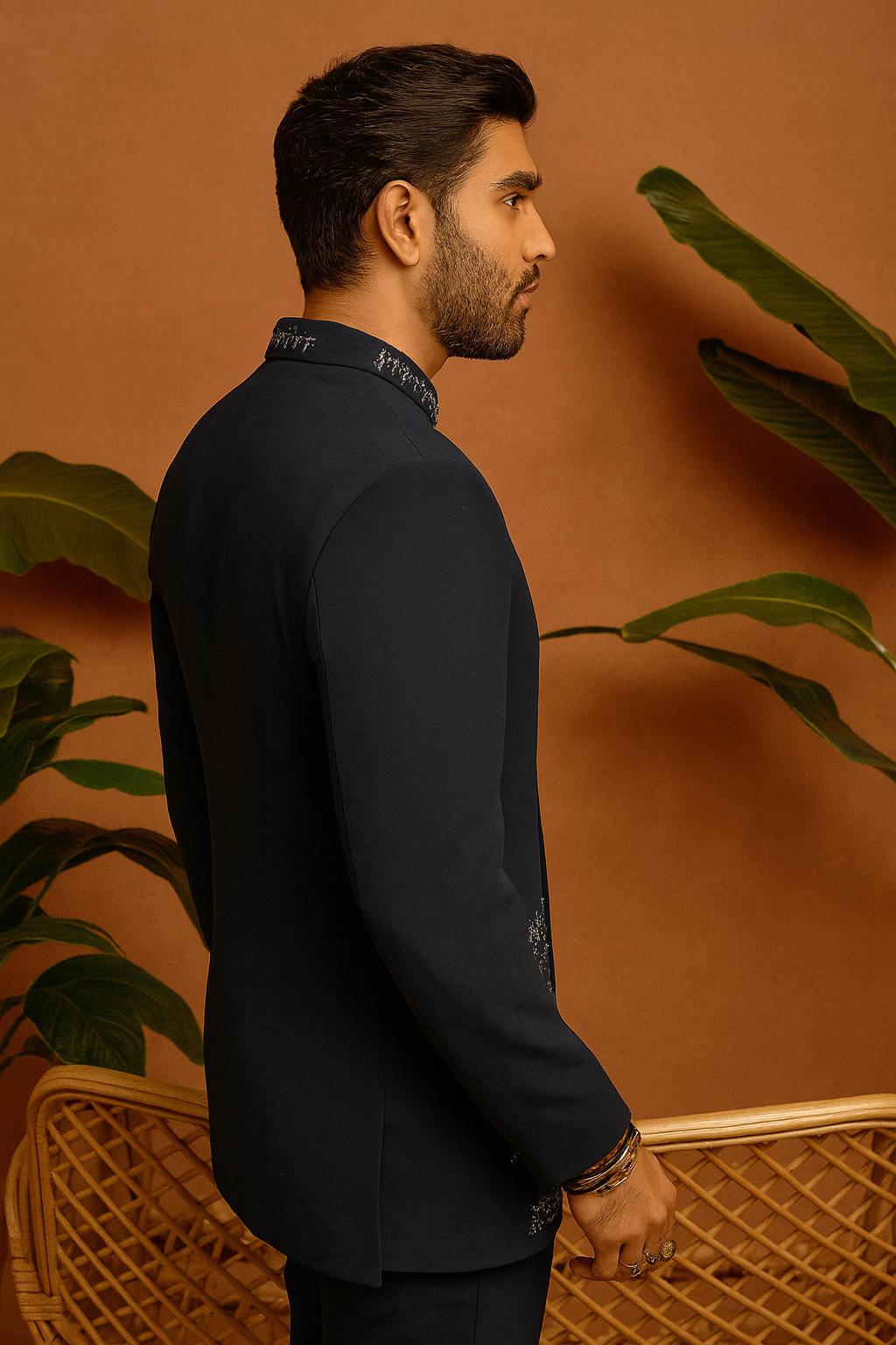 Back view of Navy Blue Jodhpuri Set with sleek tailored fit