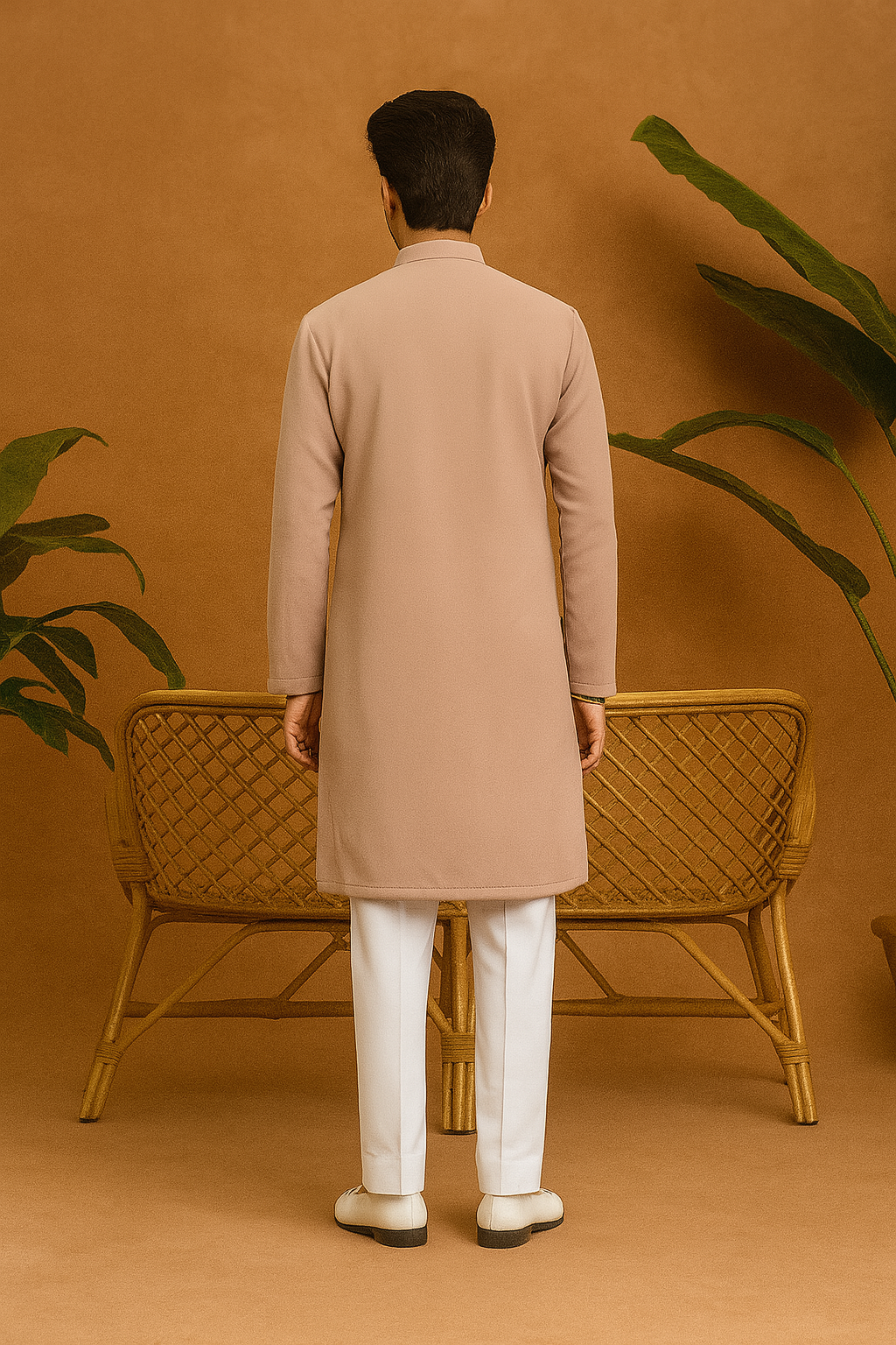 Back view of Peach Men’s Designer Kurta Set with matching pant