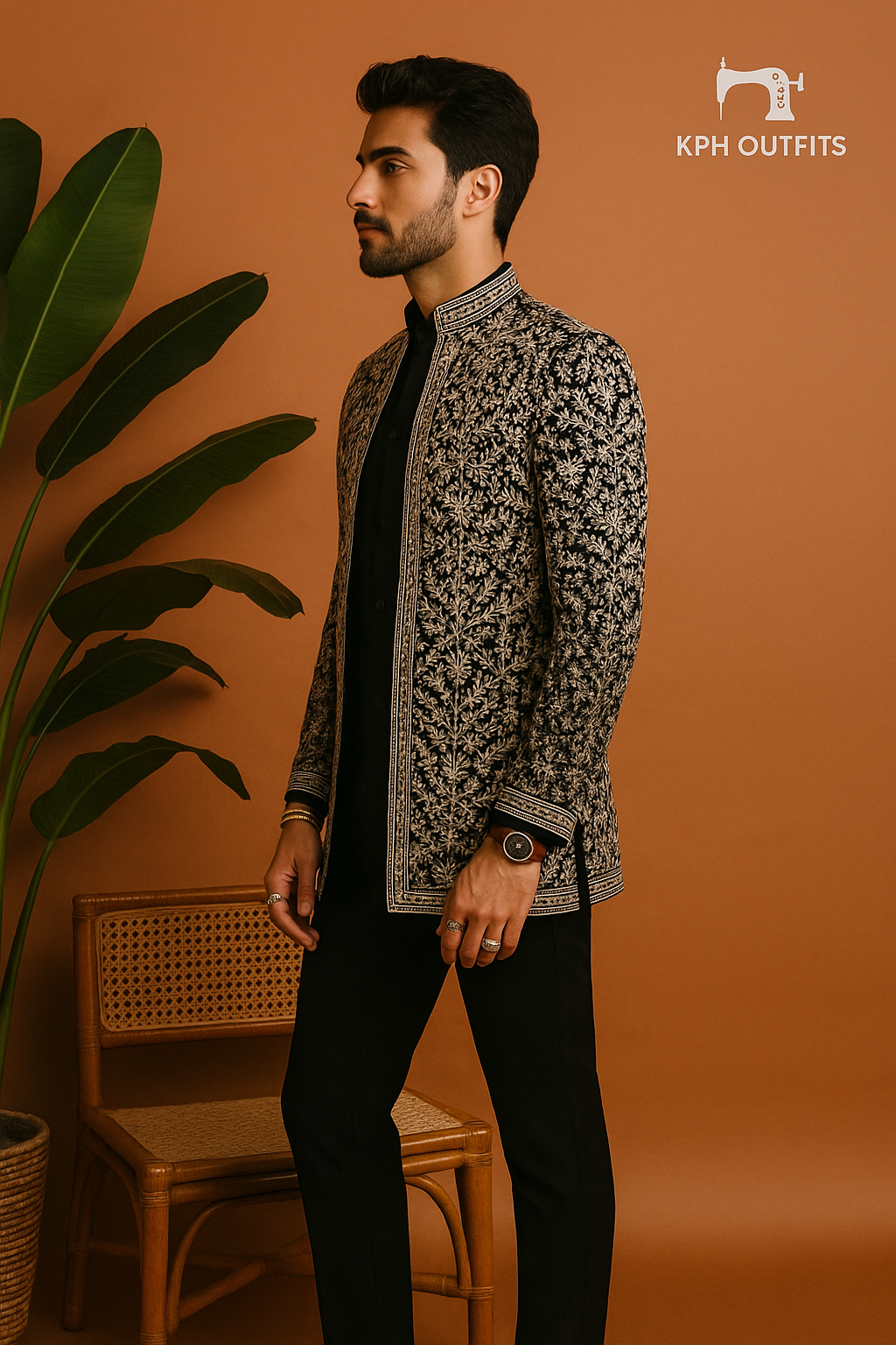 Back view of black micro velvet Jodhpuri jacket with gold zari work