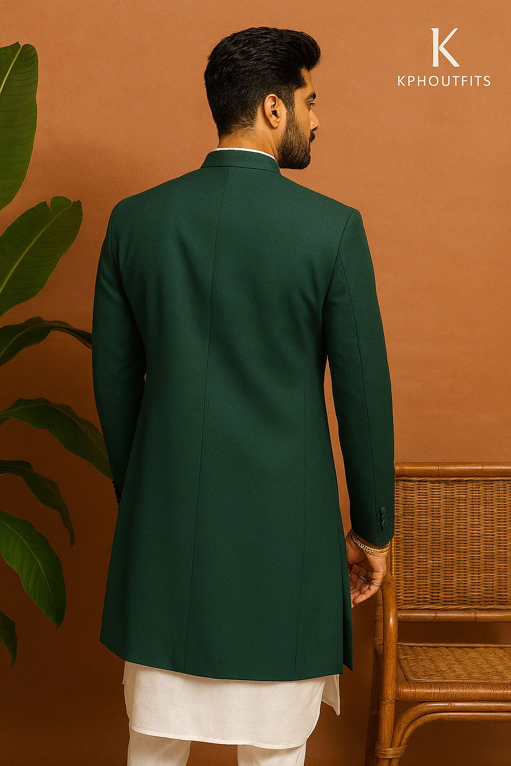 Back view of designer Indo-Western outfit for groom in green silk