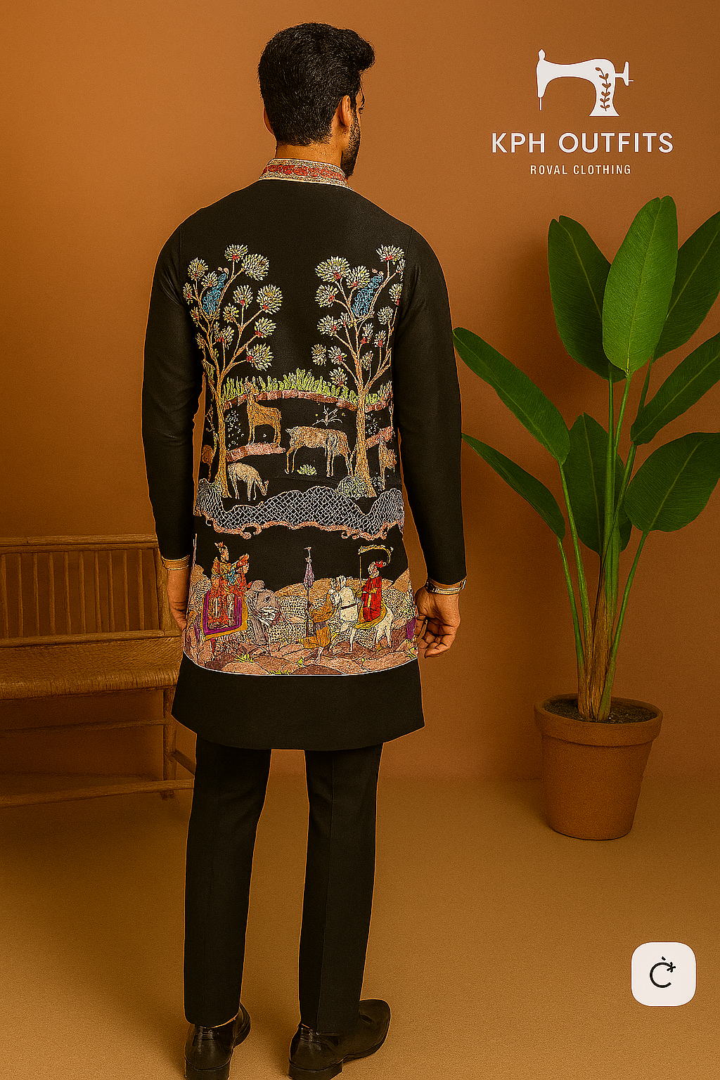 Back view of embroidered waistcoat Bundi set in Armani Japanese fabric