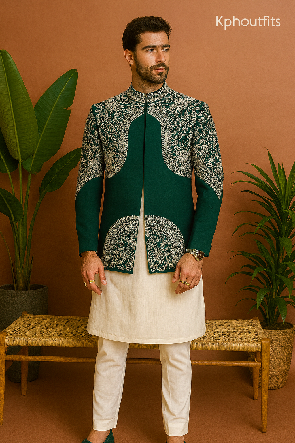 Back view of green Jodhpuri with embroidery details