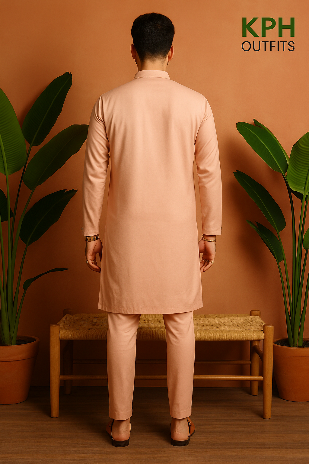 Back view of groom peach kurta set for wedding and mehndi