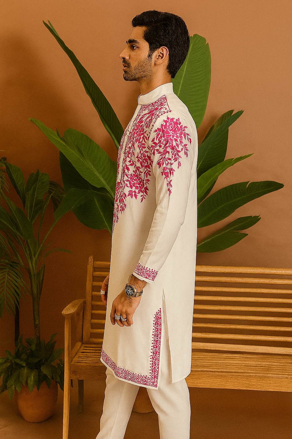 Back view of men’s embroidered kurta set in white Japanese fabric