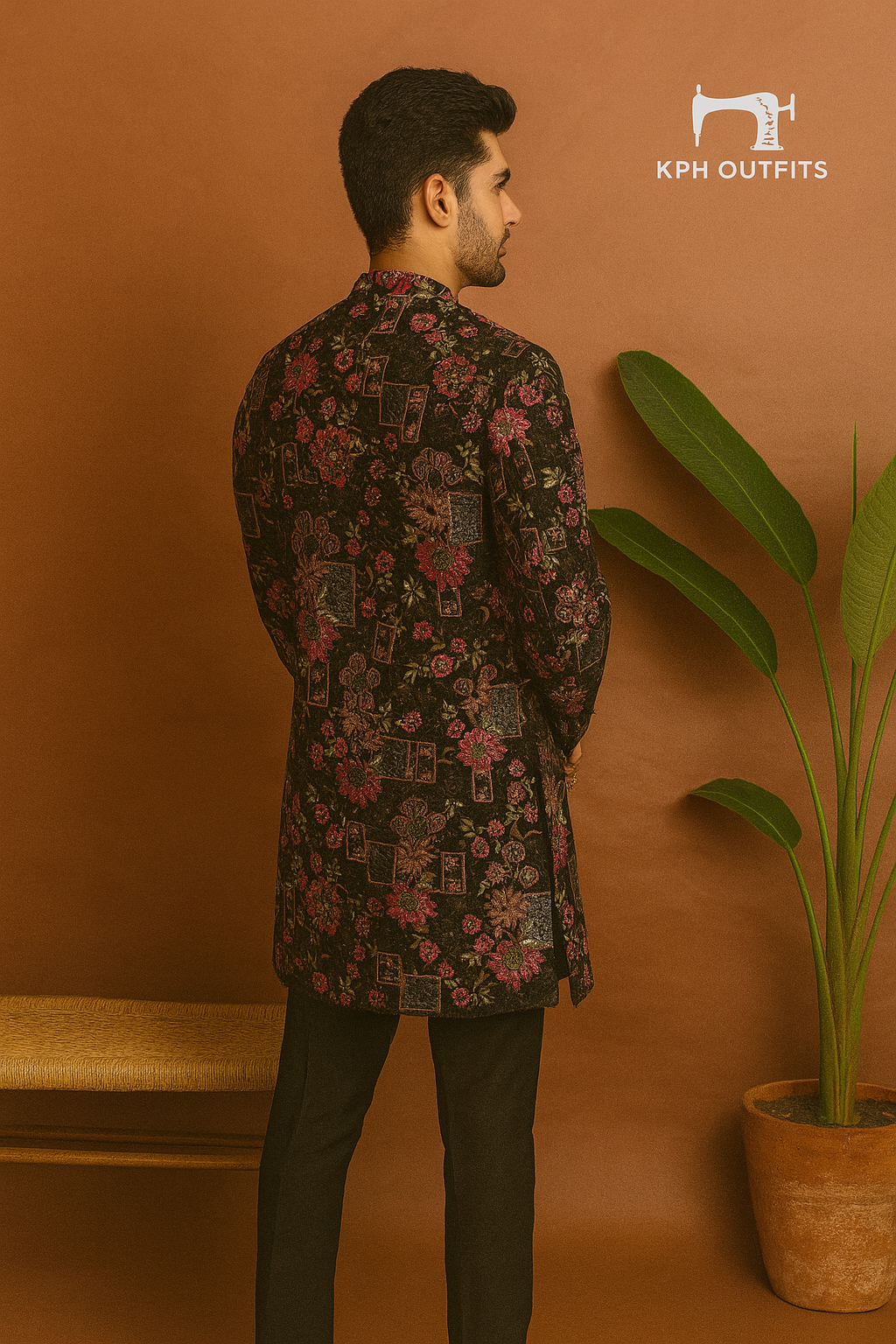 Back view of multi-colour embroidered Indo-western jacket