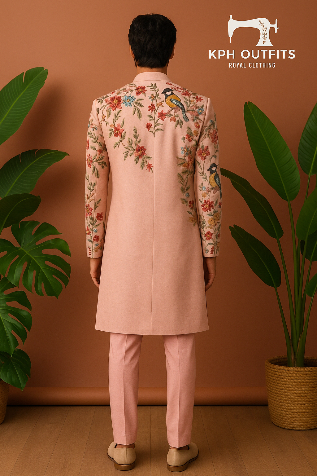 Back view of peach designer sherwani set with fine embroidery