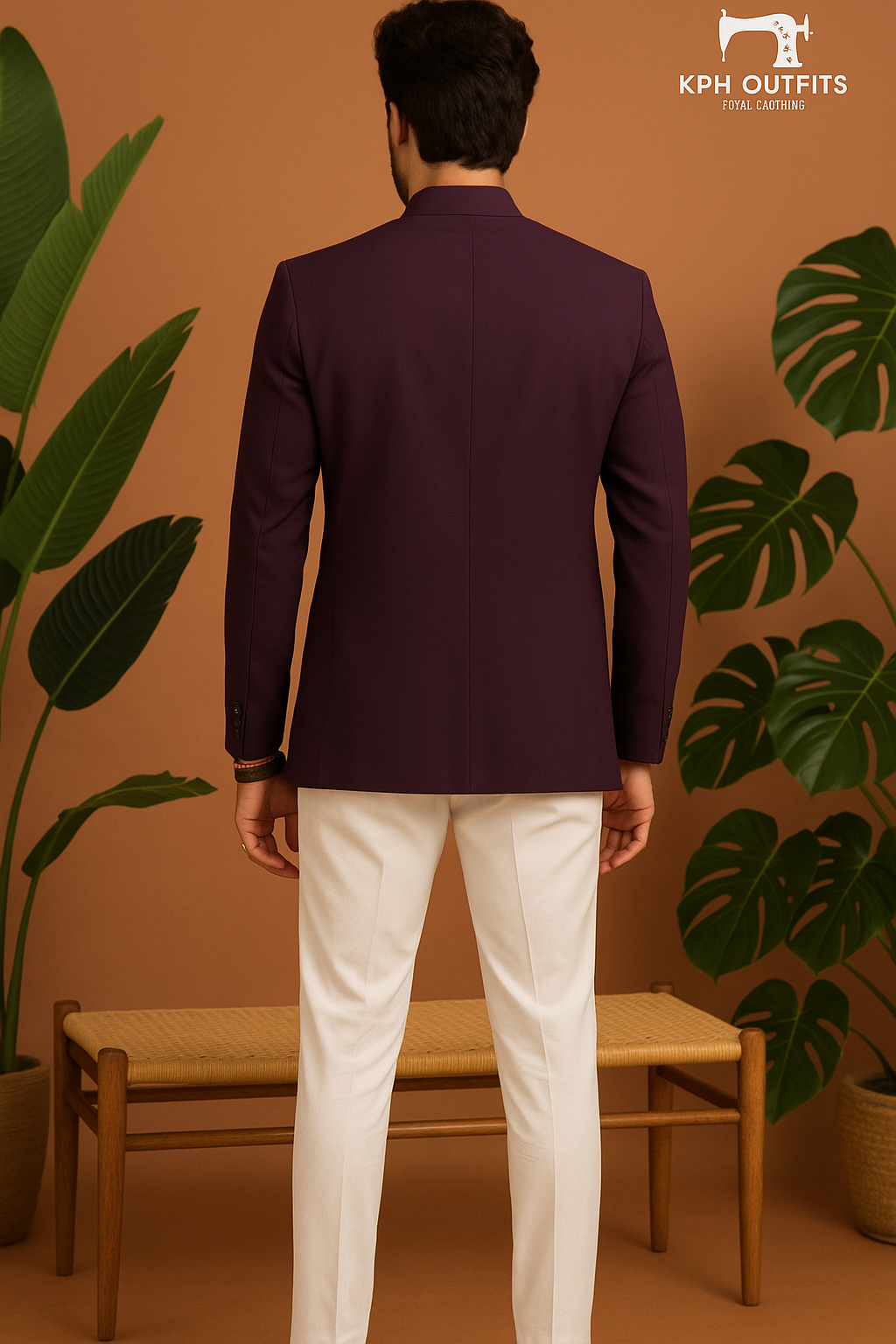 Back view of premium men’s bandhgala suit in deep maroon color