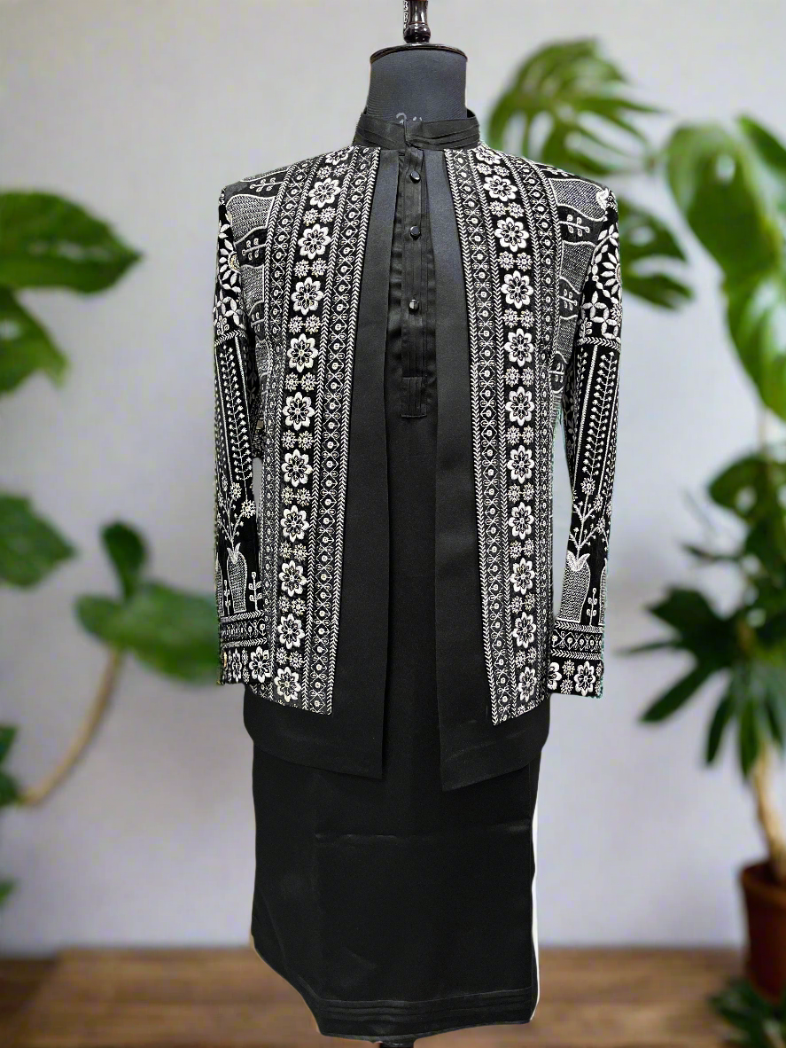 Black Jodhpuri Set, Double-Layer Jodhpuri, Men’s Indian Formal Wear, KPH Outfits, Wedding Jodhpuri Suit





