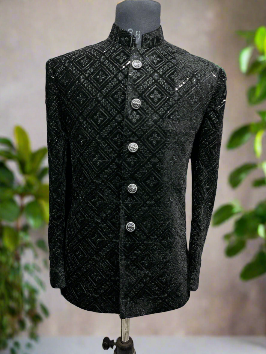 Black Jodhpuri suit with designer details
