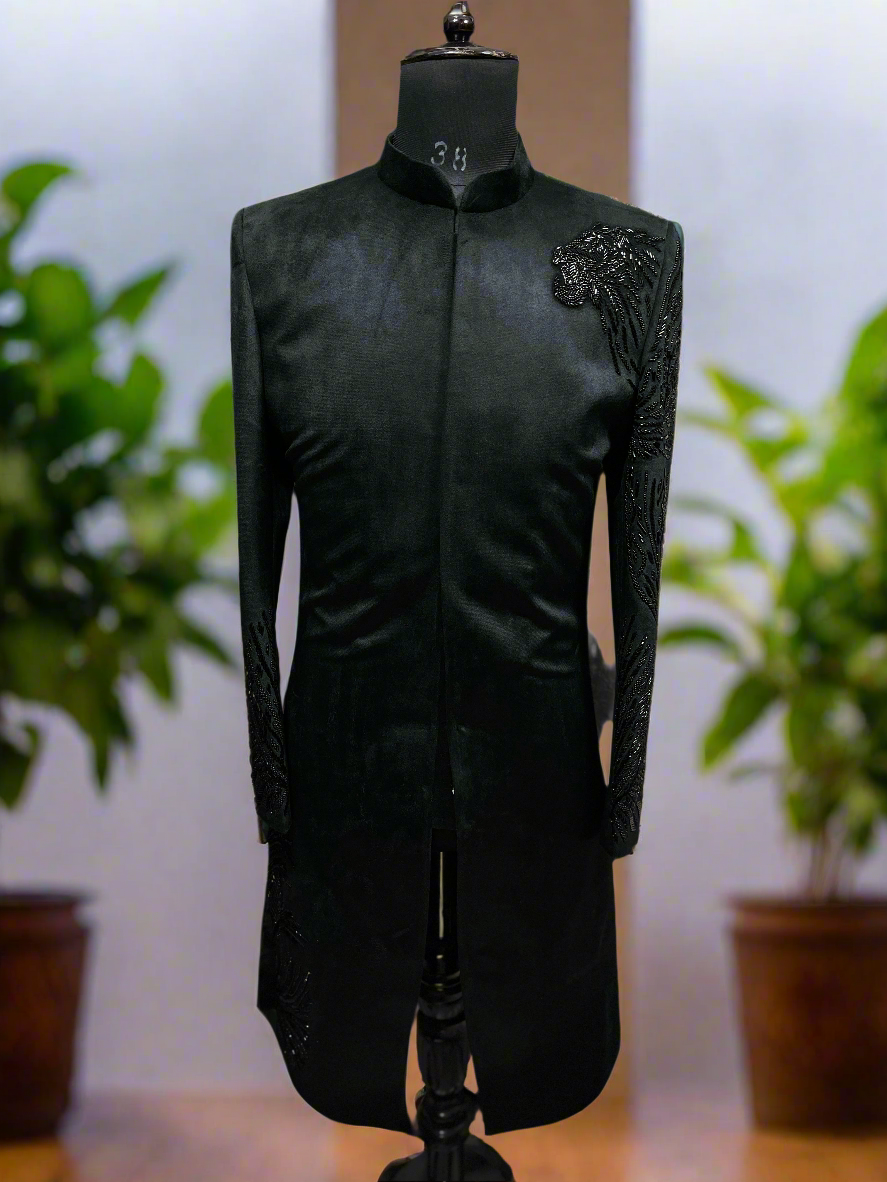 Black Sherwani with Gold Embroidery – Full View.
