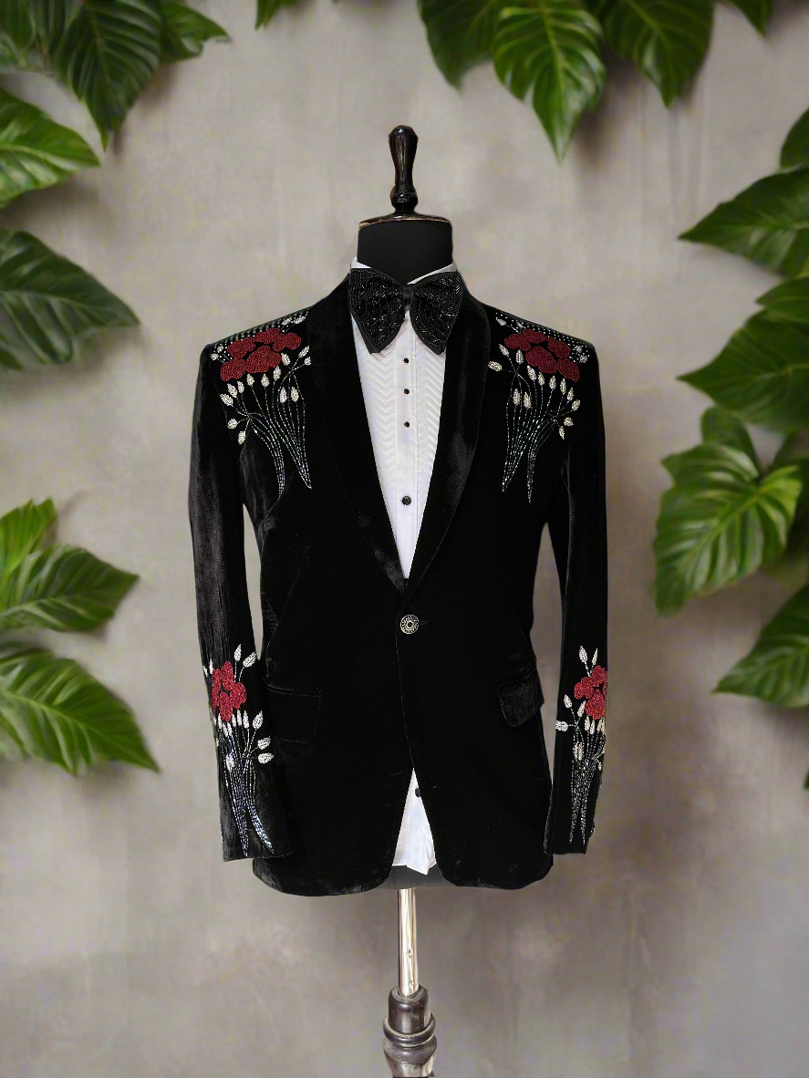 Black Velvet Handcrafted Rose Tuxedo Suit for Men
