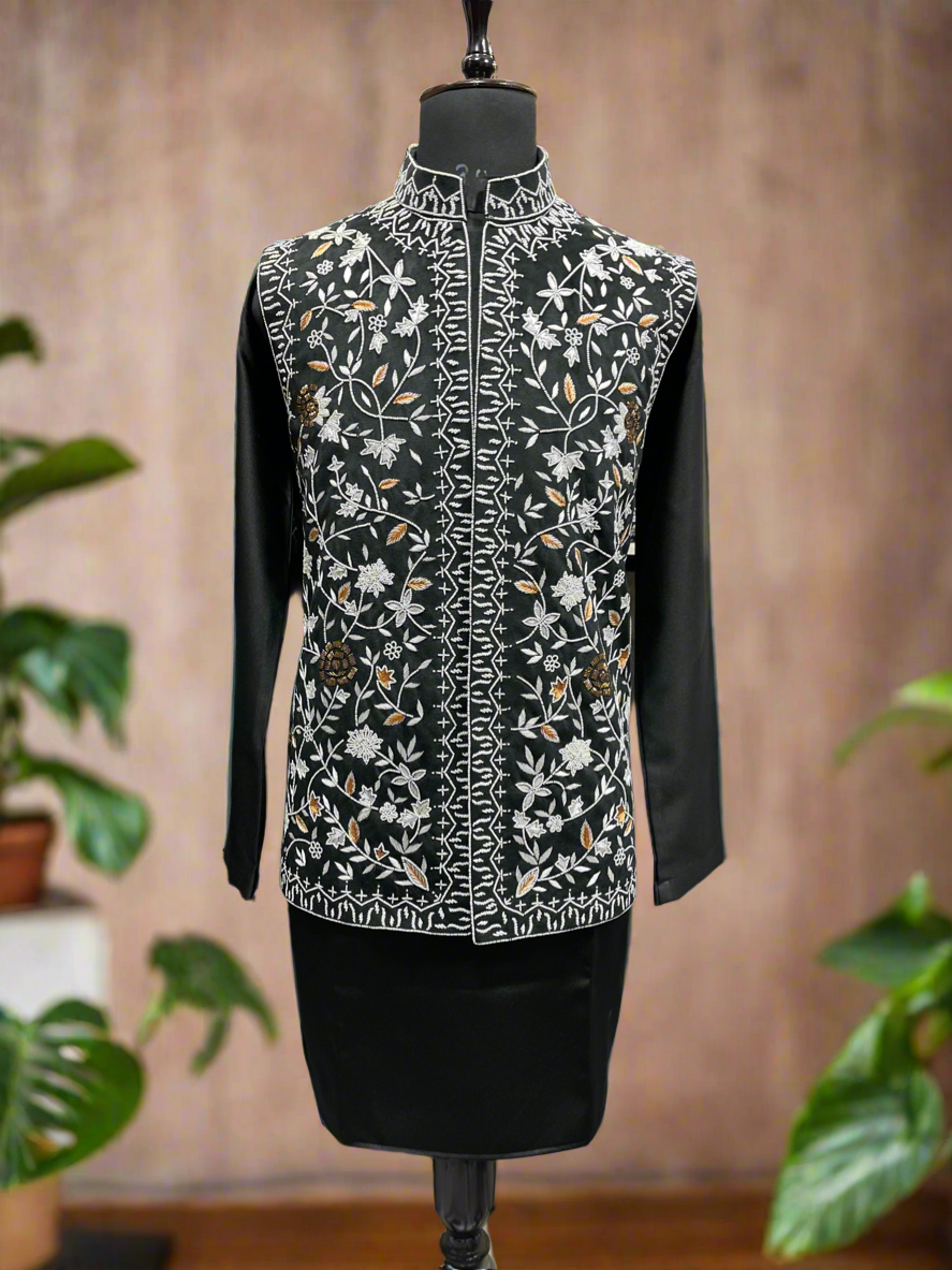 Black handcrafted Nehru jacket set for men.