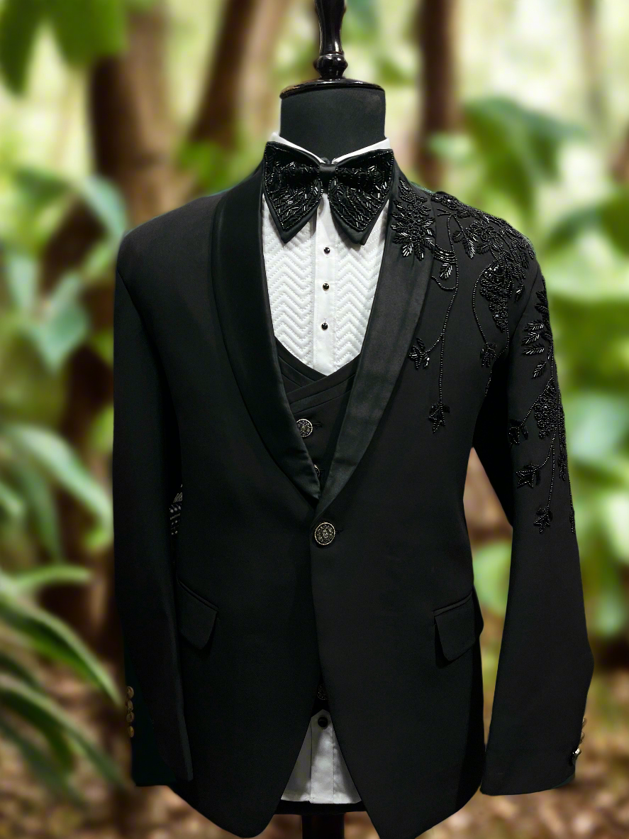 Black handcrafted tuxedo with shawl lapel
