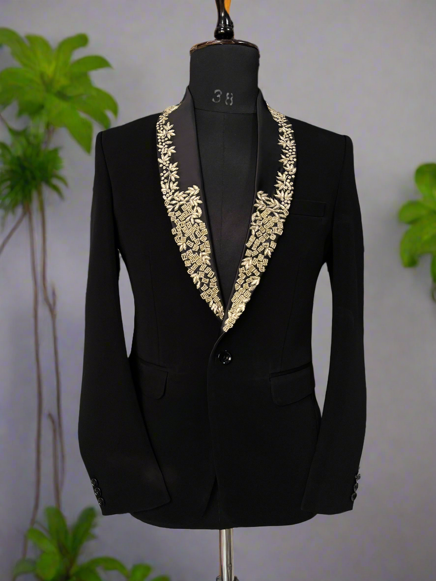 Black shawl lapel tuxedo suit with handcrafted details
