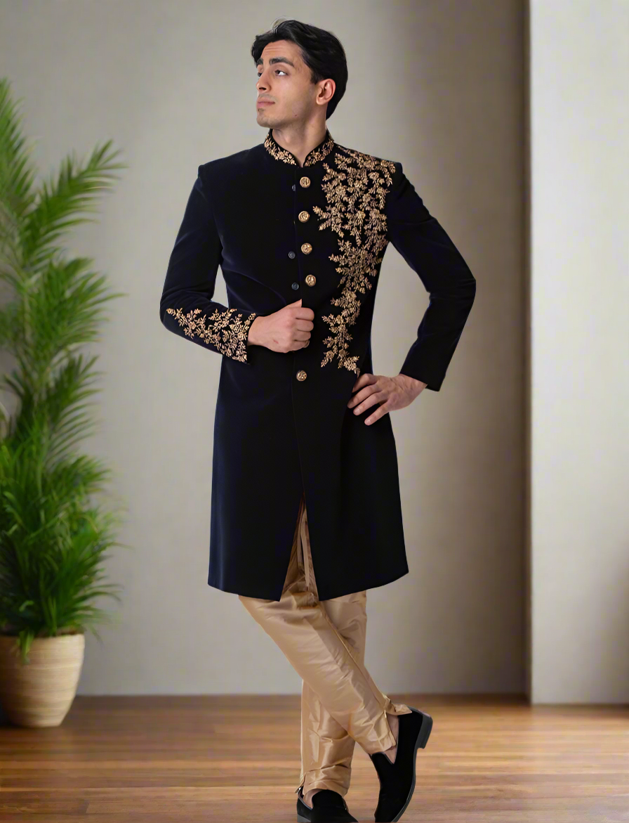 Black sherwani with handcrafted Zardozi embroidery.