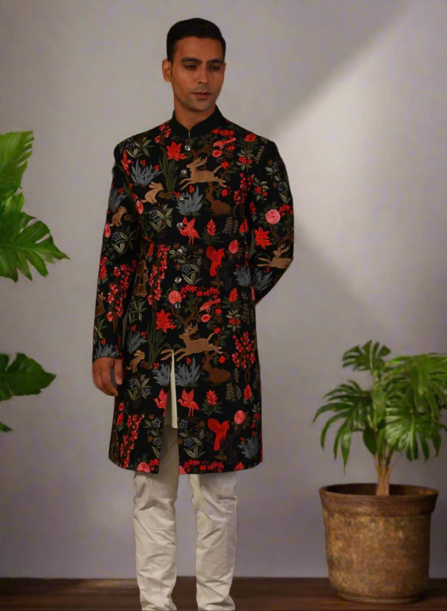 Black sherwani with multi-color embroidery for men
