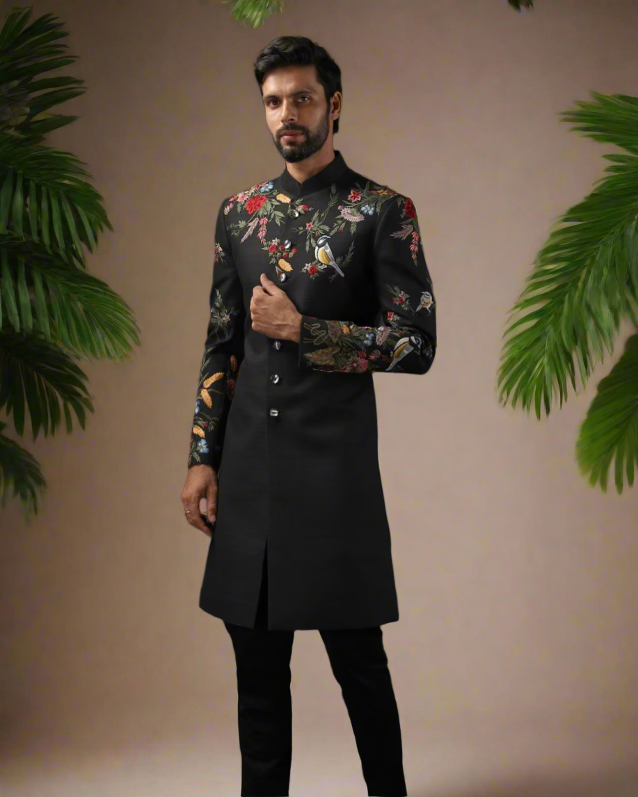 Black silk sherwani with multi-color thread embroidery