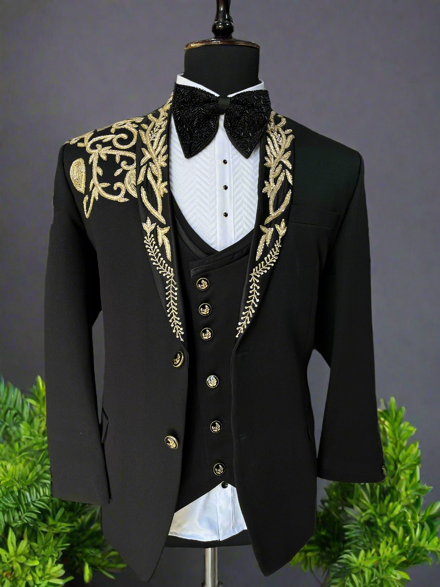 Black tuxedo with intricate Zardozi handwork
