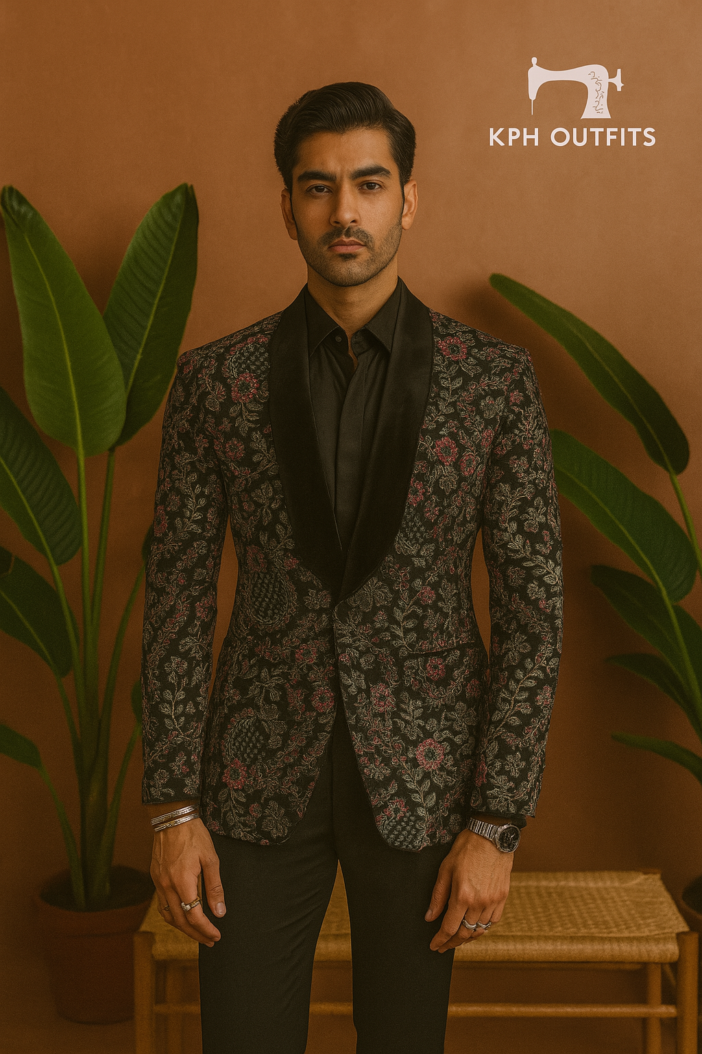 Black velvet designer tuxedo with embroidered detailing