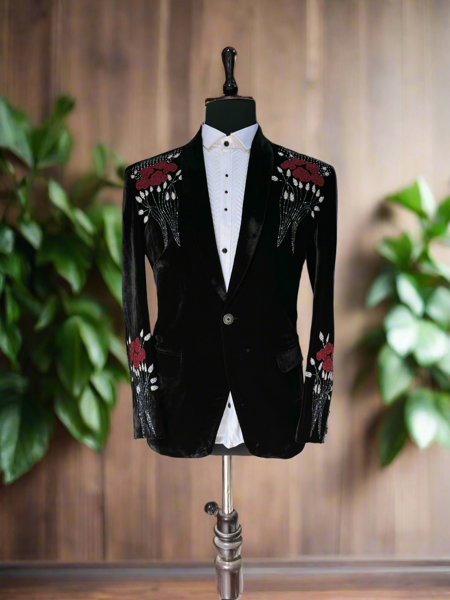 Black velvet tuxedo with handcrafted rose embroidery.