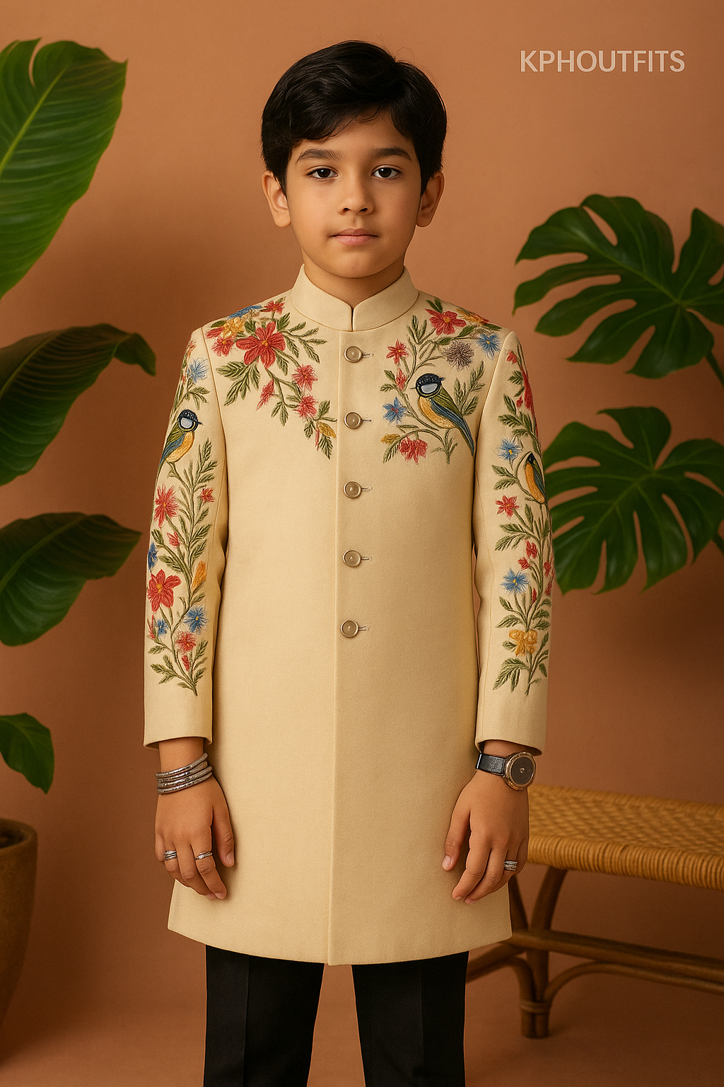 Boy wearing premium embroidered sherwani outfit for wedding or party